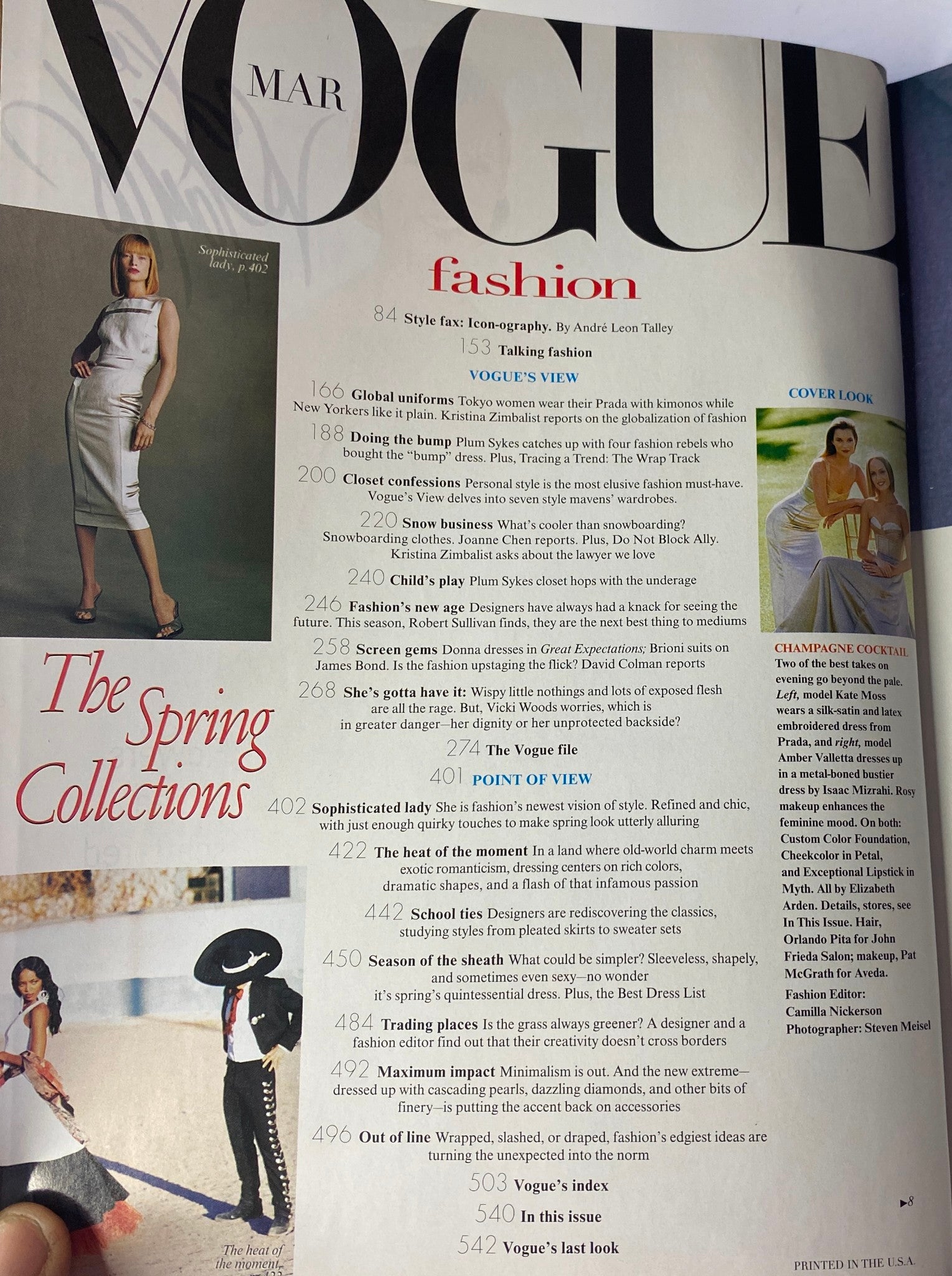 Inside page of Vogue Magazine March 1998, highlighting fashion articles and features including 'Vogue's View' with topics on global fashion trends.