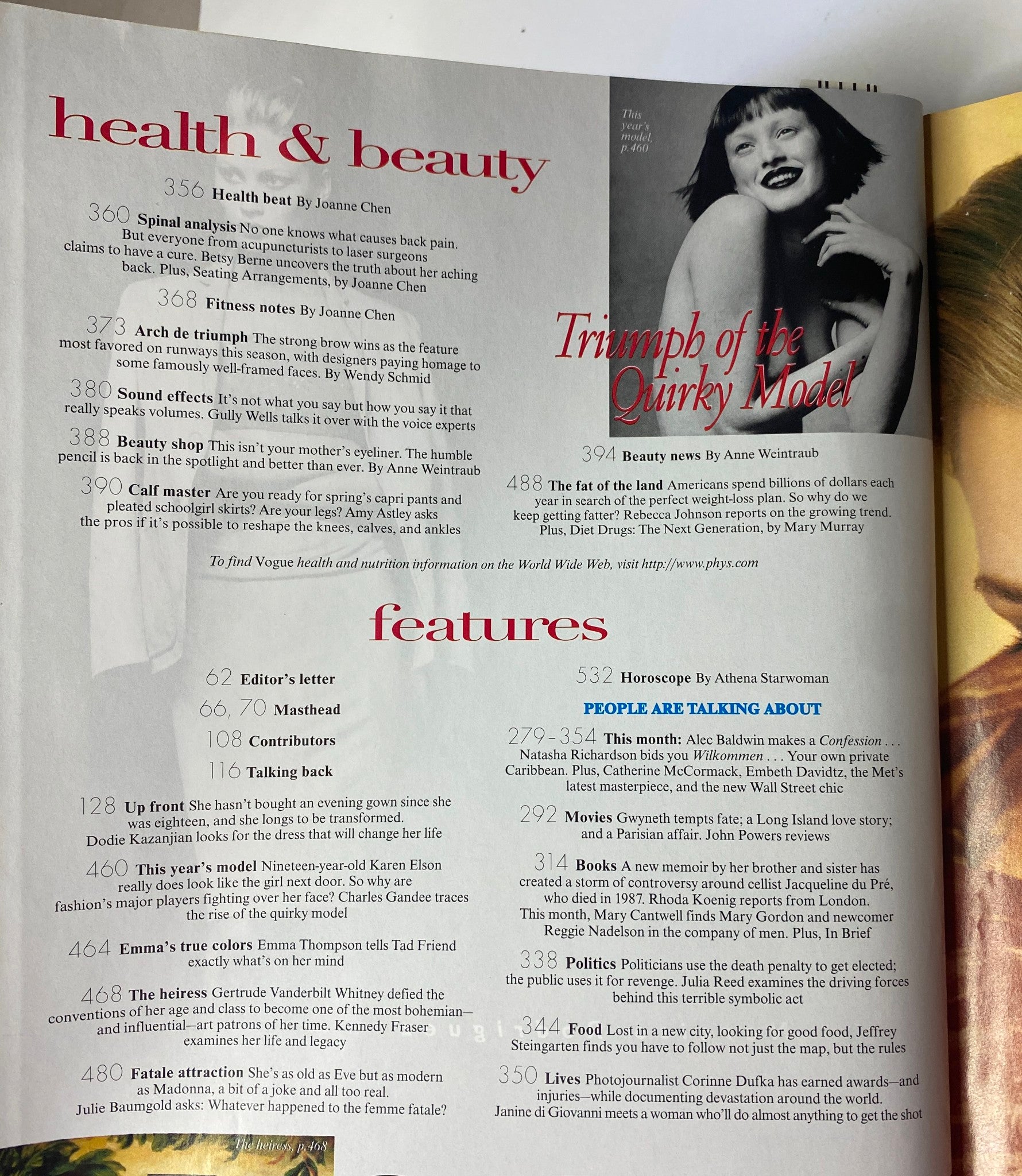 Health and beauty section from Vogue Magazine March 1998, featuring articles about seasonal health insights and beauty tips.