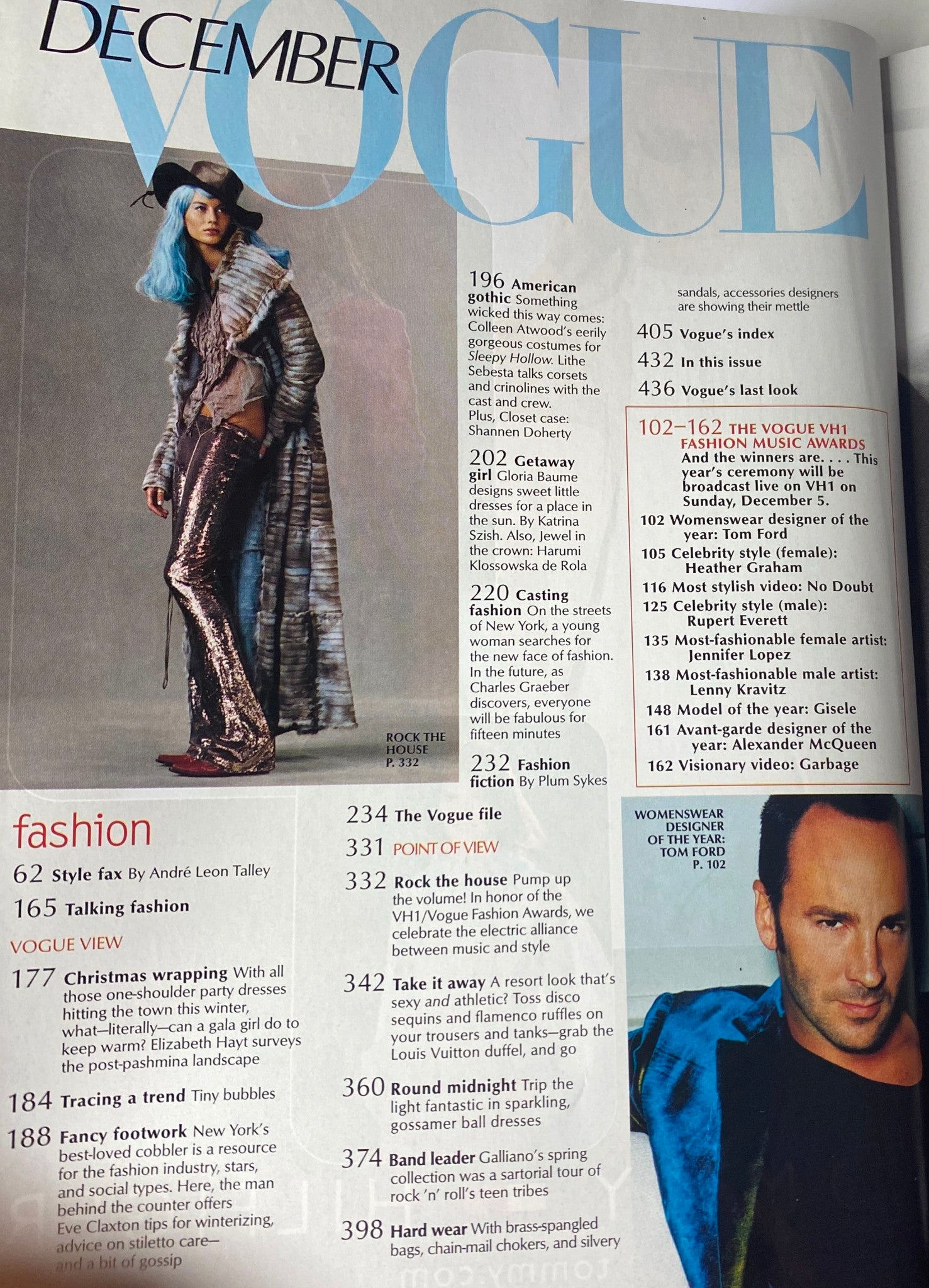 Contents page from Vogue Magazine December 1999, providing an overview of the issue's features, including fashion highlights like 'Style Fax' by André Leon Talley, showcasing late-1990s fashion insights.