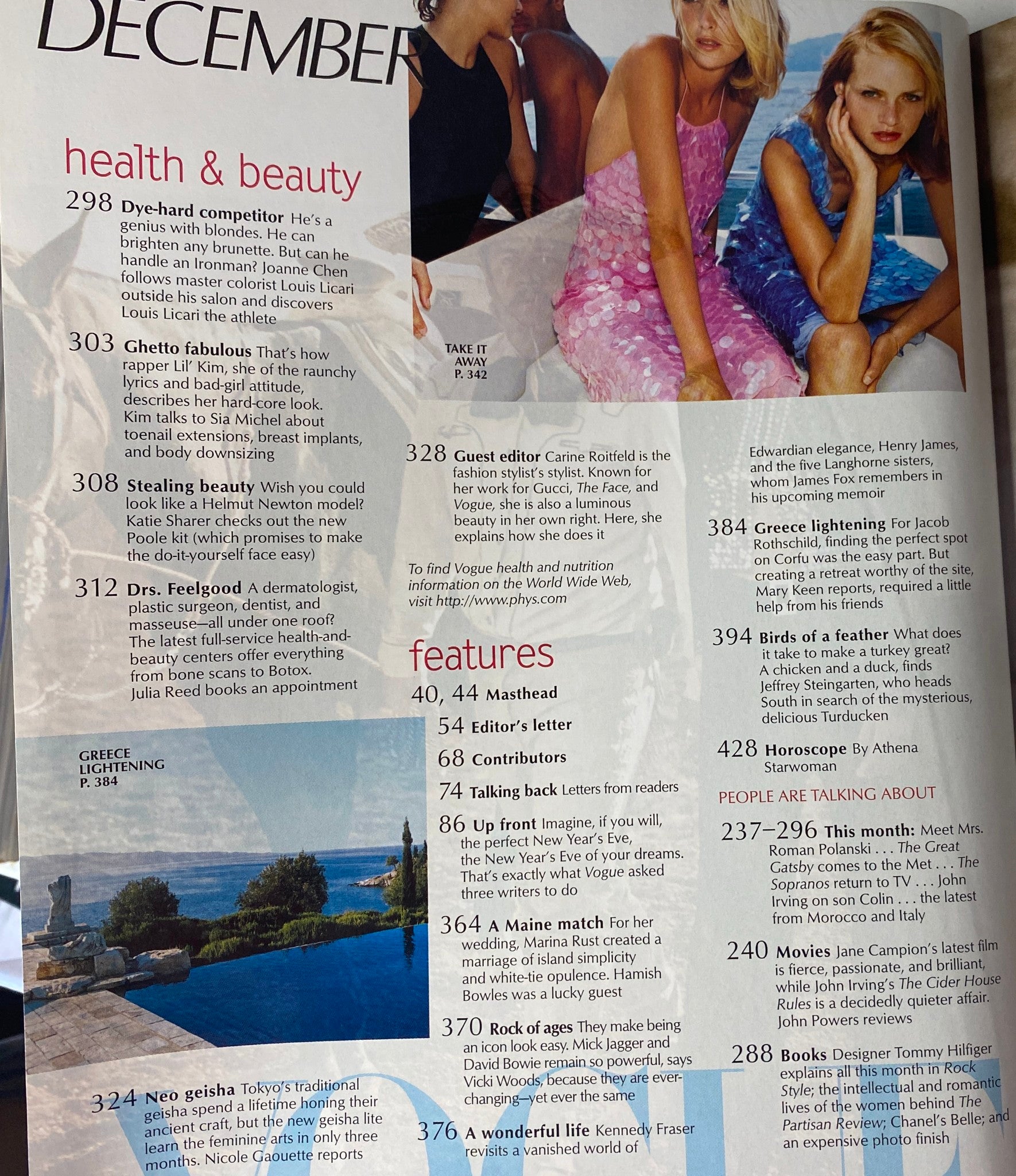 Health and beauty section from Vogue Magazine December 1999, reviewing various articles including 'Ghetto Fabulous' featuring Lil' Kim and 'Guest Editor: Carine Roitfeld' sharing beauty insights.