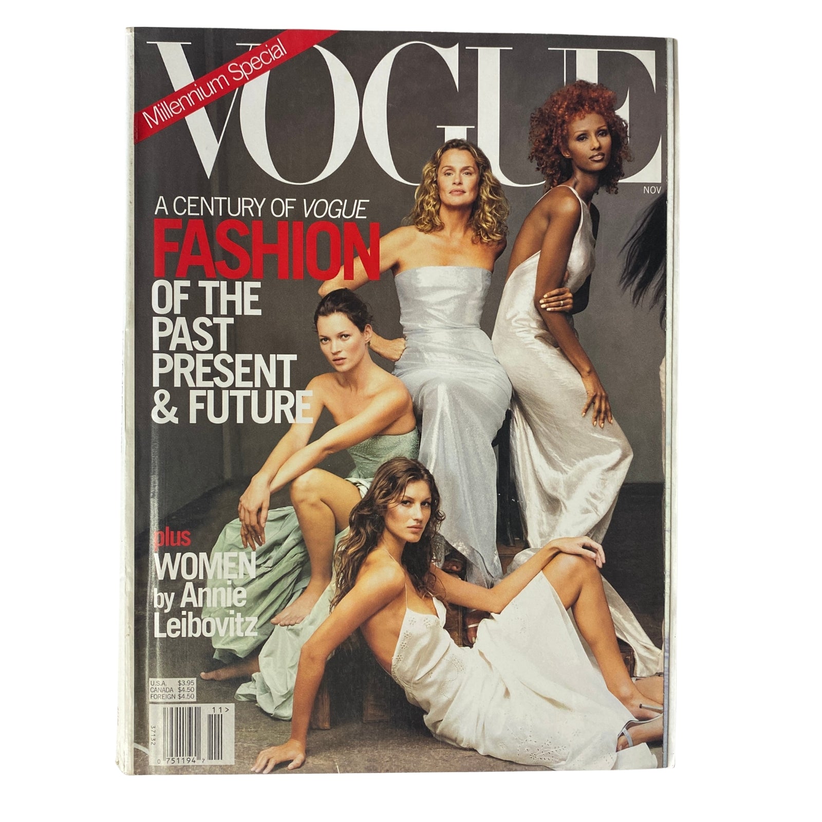 Cover of Vogue Magazine November 1999 featuring supermodels Kate Moss, Gisele Bündchen, and others in elegant dresses, showcasing fashion from the past, present, and future.