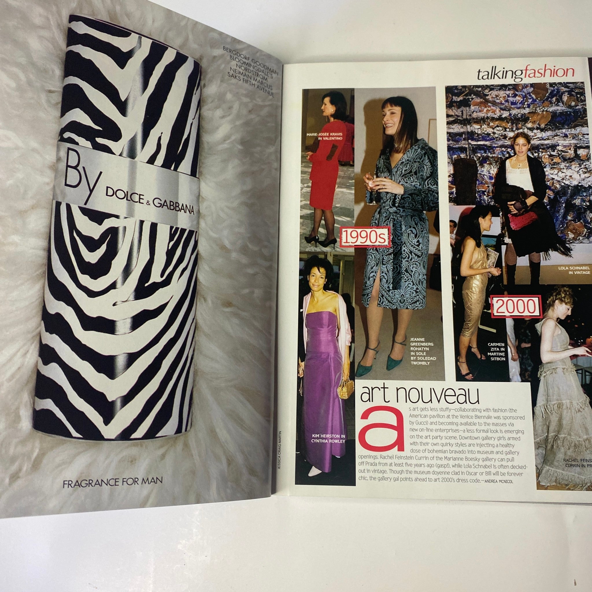 An editorial from Vogue Magazine November 1999 highlighting the evolution of fashion in the 1990s, featuring a striking Dolce & Gabbana advertisement, linked to the Kate Moss, Gisele Bündchen Cover.