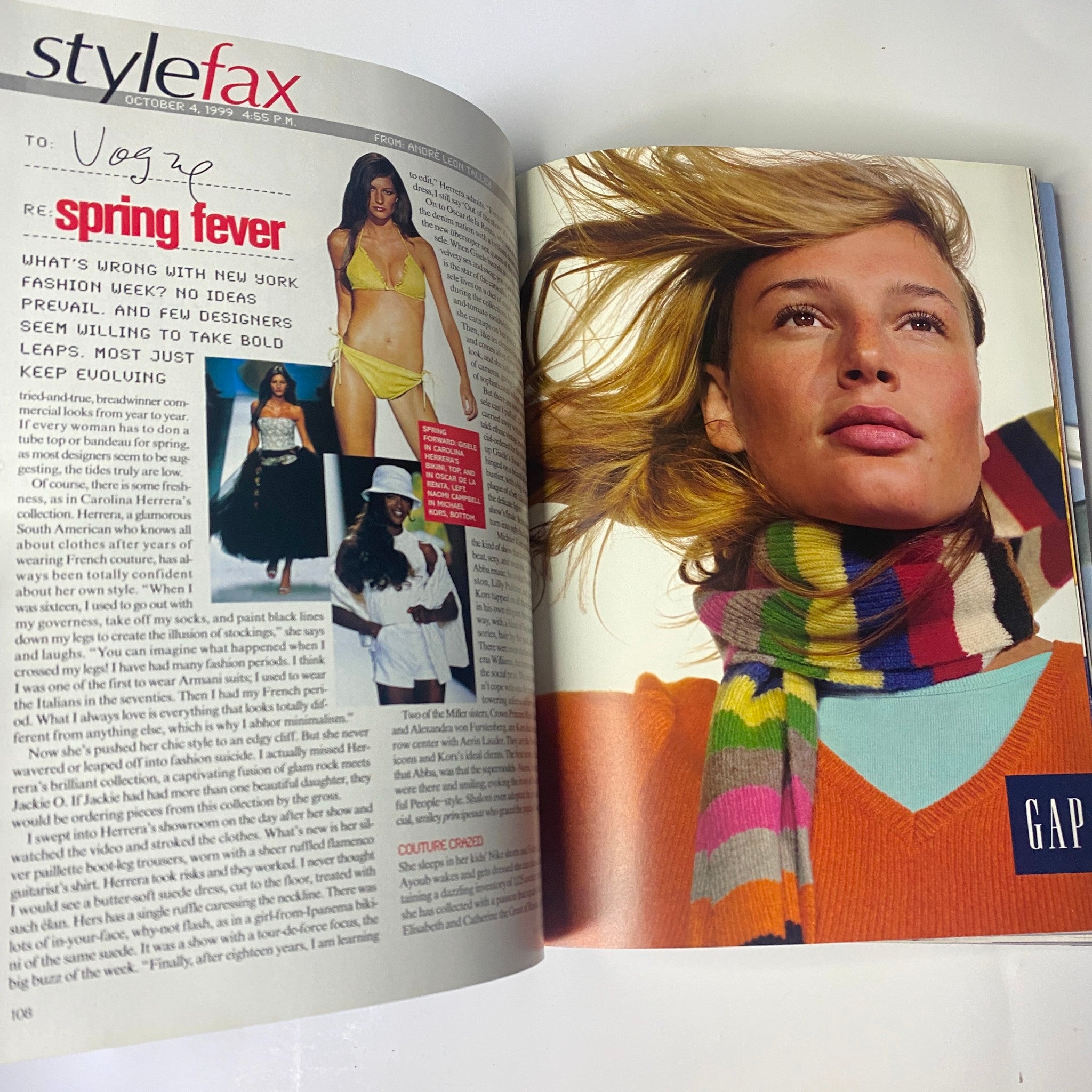 Vogue Magazine November 1999 includes an article on 'Style Fax' discussing fashion trends, complemented by vibrant imagery, as seen on the cover with Kate Moss and Gisele Bündchen.