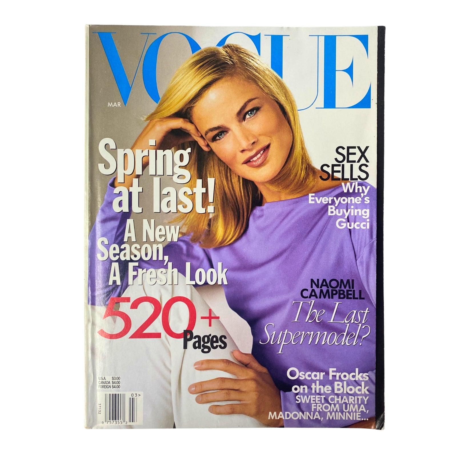 Vogue Magazine March 1999 Carolyn Murphy Cover. The cover features Carolyn Murphy styled in a purple outfit, highlighting the theme 'Spring at last!' and notable articles including 'Naomi Campbell: The Last Supermodel?'.