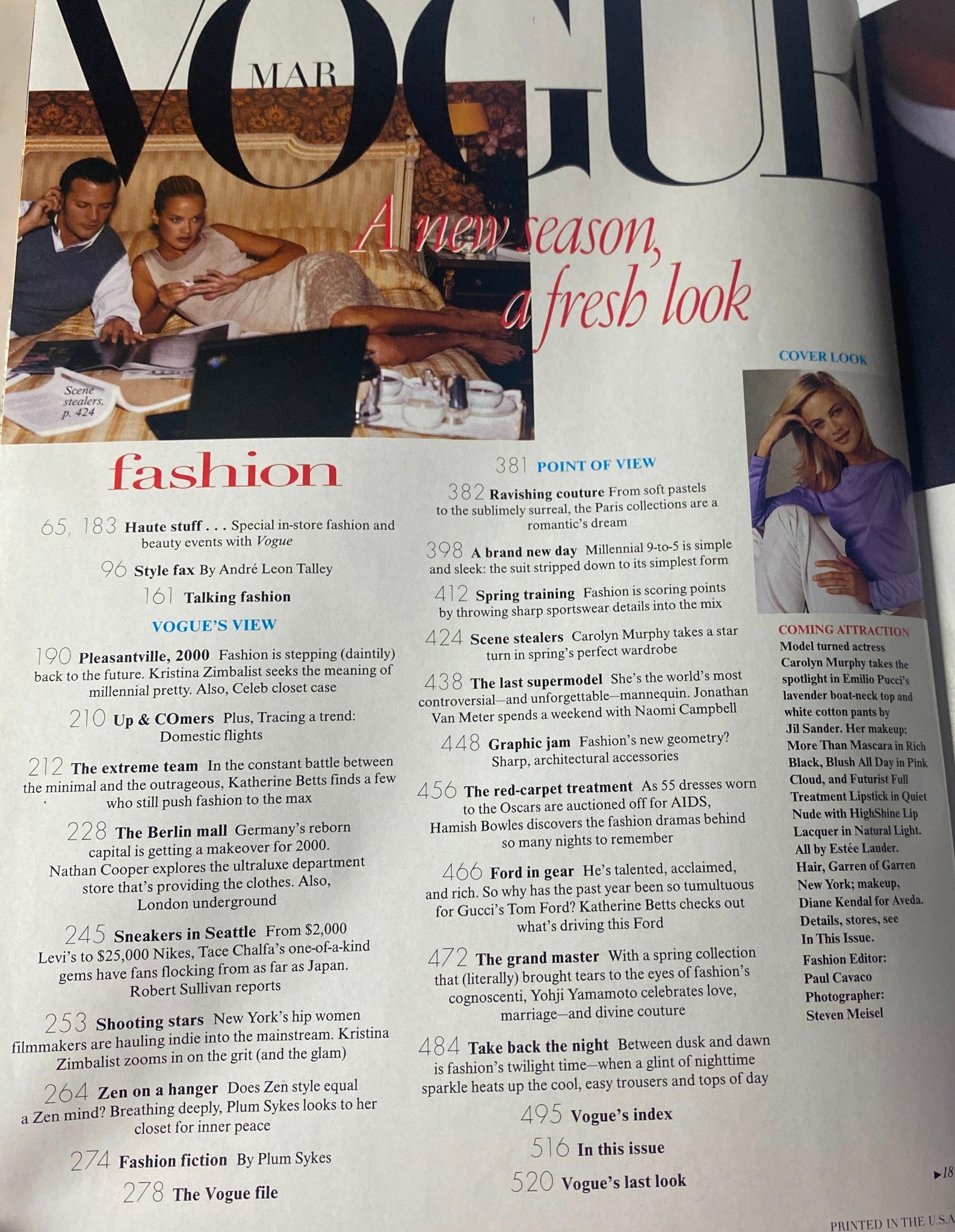 Vogue Magazine March 1999 contents page featuring Carolyn Murphy. Highlights include fashion insights, profiles of Naomi Campbell, and sections on health and beauty.
