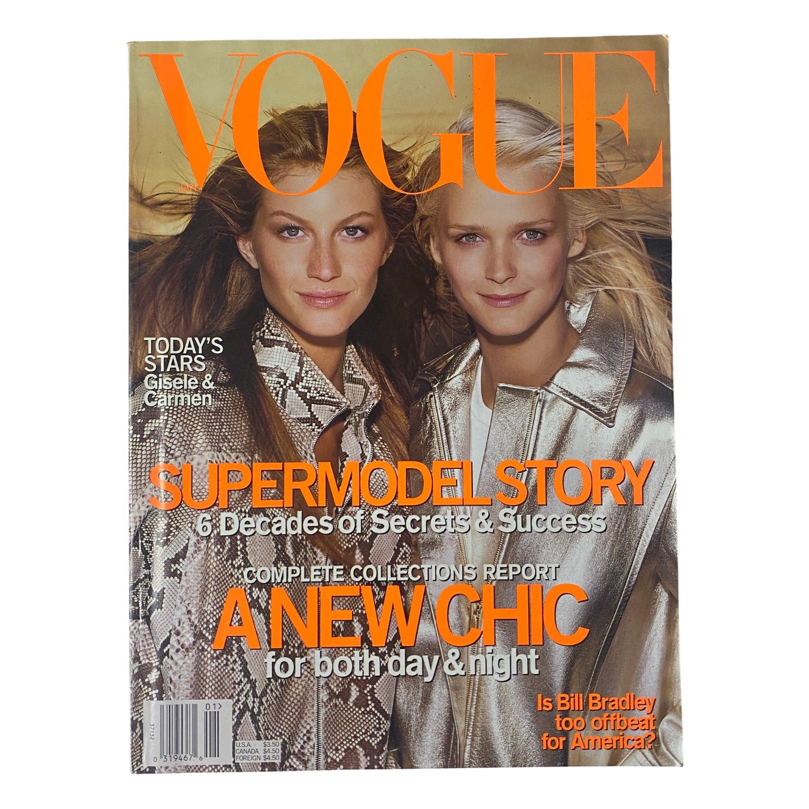 Vogue Magazine January 2000 cover featuring supermodels Gisele Bündchen and Carmen Kass, highlighting the Supermodel Story and fashion insights for both day and night, in very good condition.