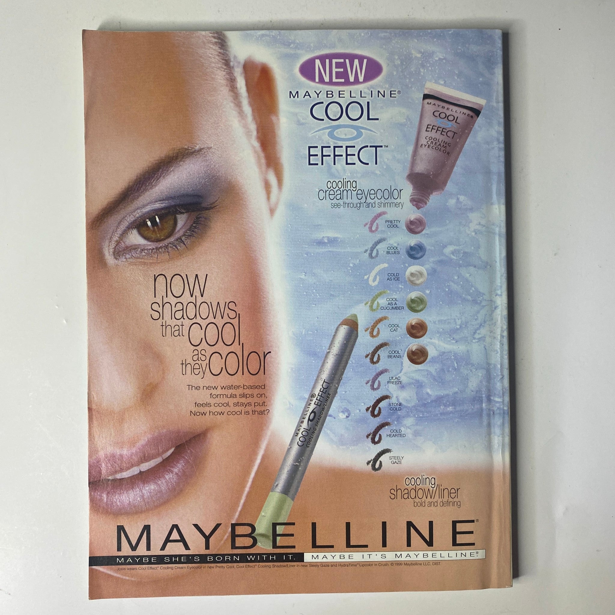 Maybelline advertisement showcasing new Cool Effect eyeshadows and liners, featuring a model with a beauty look. Vogue Magazine January 2000 Gisele Bündchen and Carmen Kass Cover No Label VG.