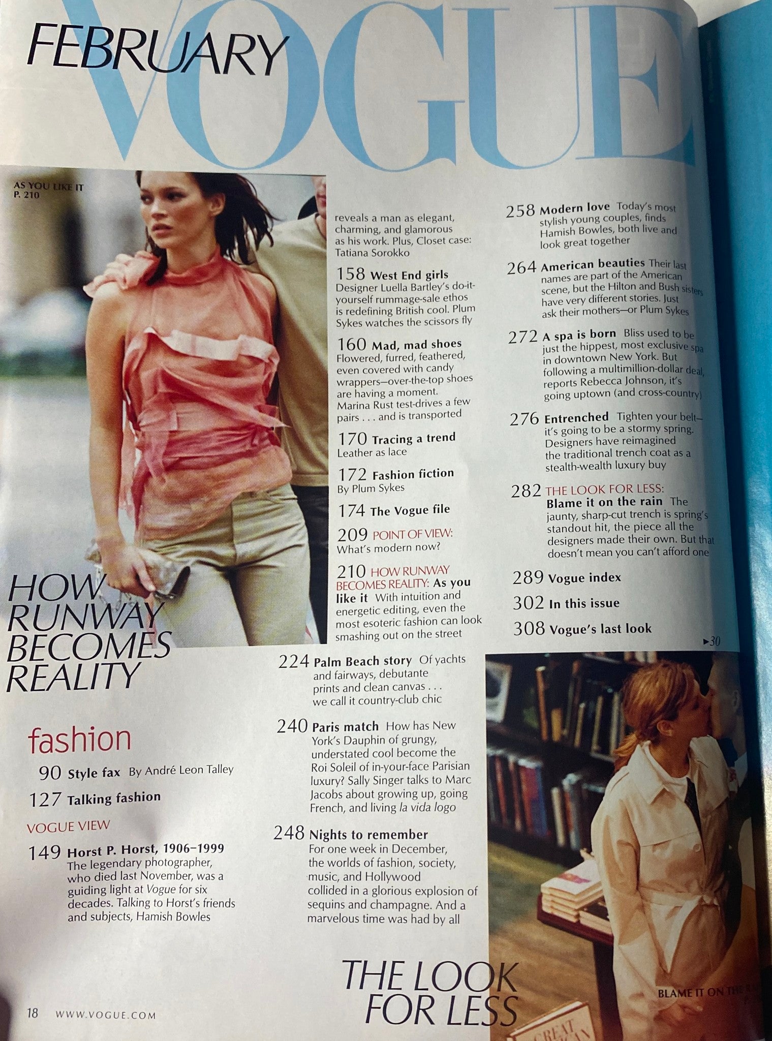 Inside page of Vogue Magazine February 2000 displaying a feature titled 'How Runway Becomes Reality' alongside stunning fashion photography, reflective of the era's style innovations. This page highlights the issue's fashion-focused content.