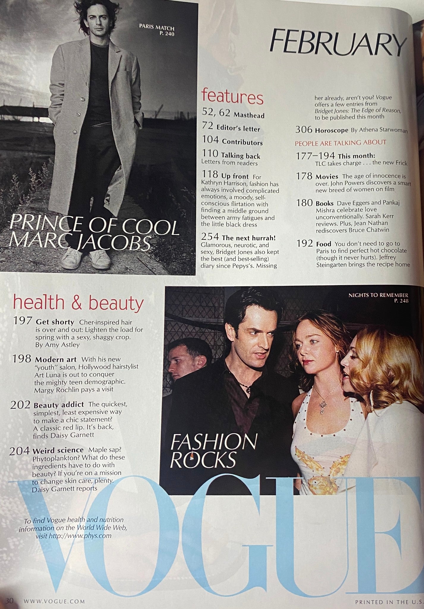 Another inside page from Vogue Magazine February 2000, featuring an article on 'Prince of Cool' Marc Jacobs amid fashion highlights and beauty content. The page enriches the issue's narrative on style and celebrity culture.