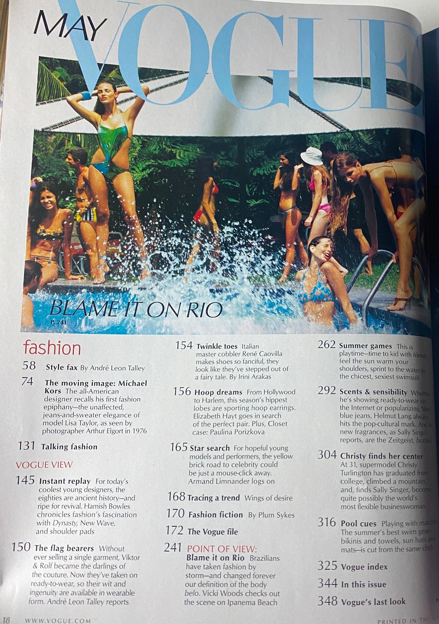 Interior page of Vogue Magazine May 2000 displaying the contents, including the 'Blame It on Rio' feature. Highlights include fashion notes and editorial insights from André Leon Talley.