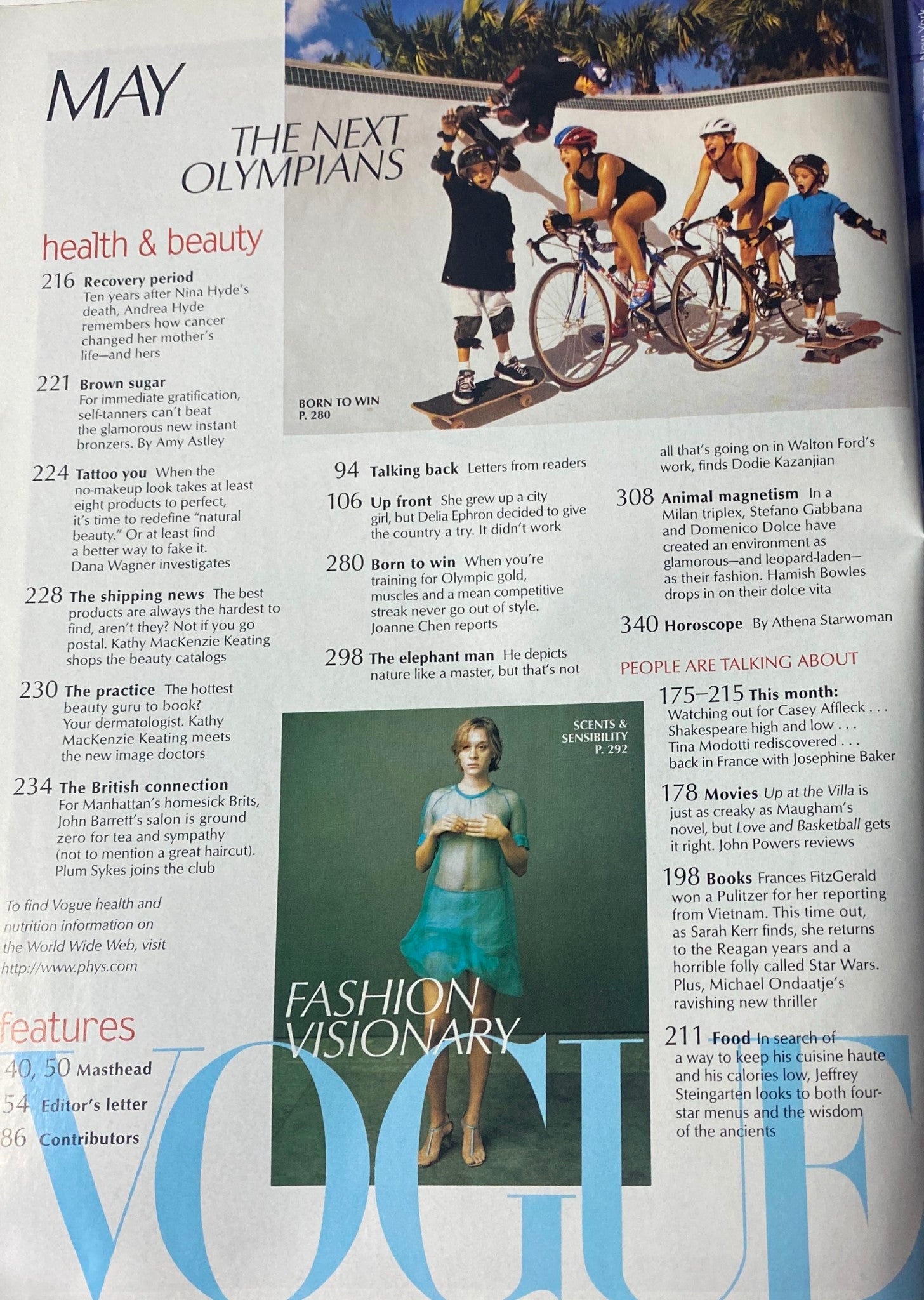 Vogue Magazine May 2000 Gisele Bündchen Cover displaying featured articles such as health and beauty, along with a glimpse of fashion topics and features included in the issue.