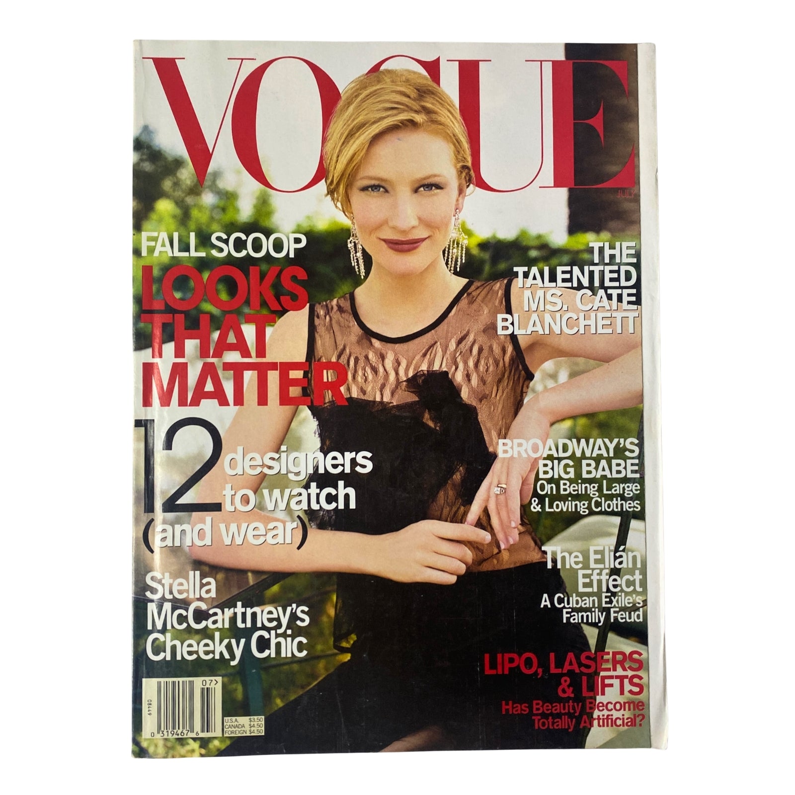 Vogue Magazine July 2000 featuring Cate Blanchett on the cover, titled 'The Talented Ms. Cate Blanchett.' Highlights fashion trends and cultural commentary relevant to the early 2000s. Issue in very good condition without a label.