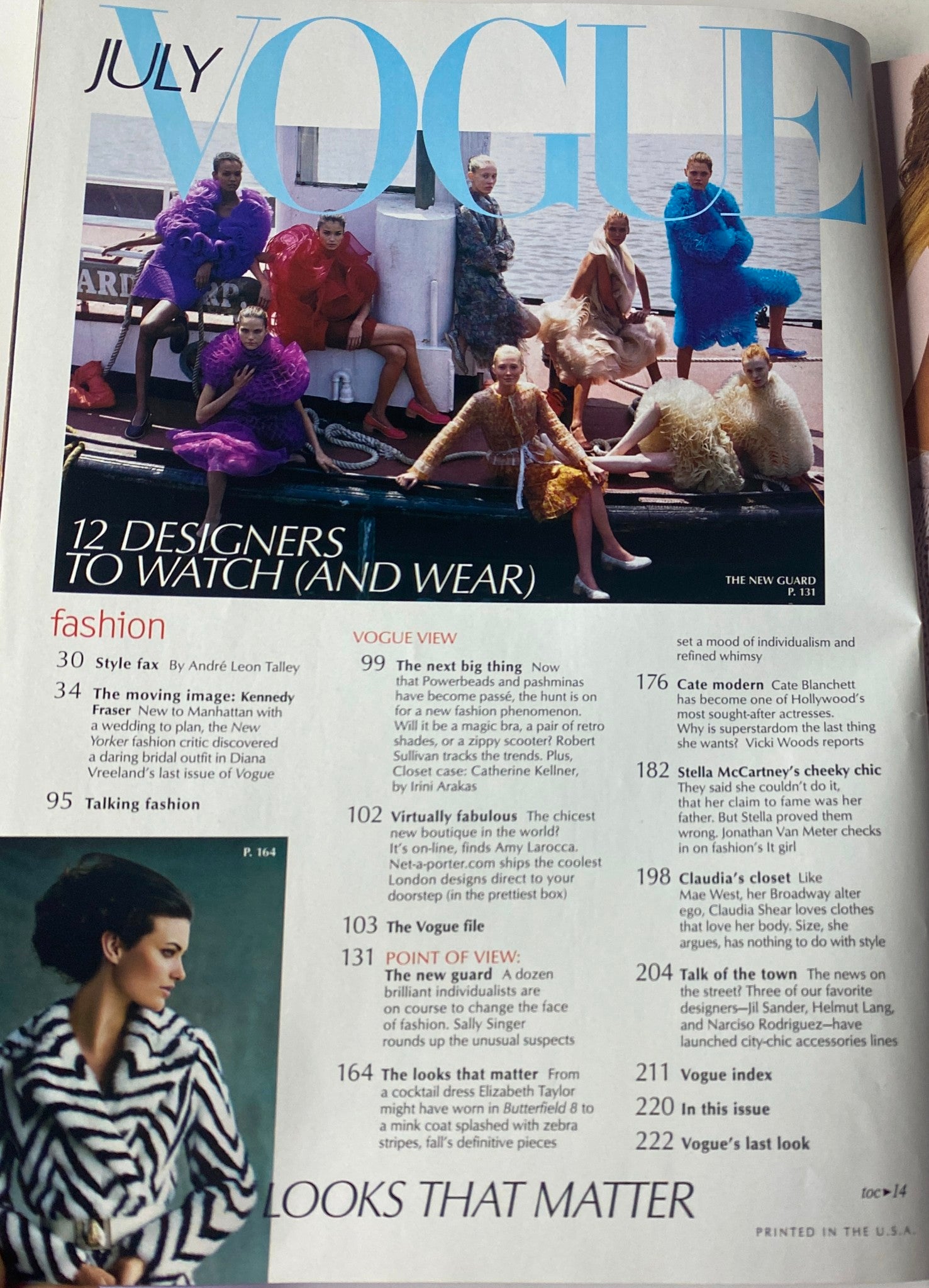 Inside page of Vogue Magazine July 2000 showcasing the contents with a colorful fashion editorial featuring various designers and styles to watch.