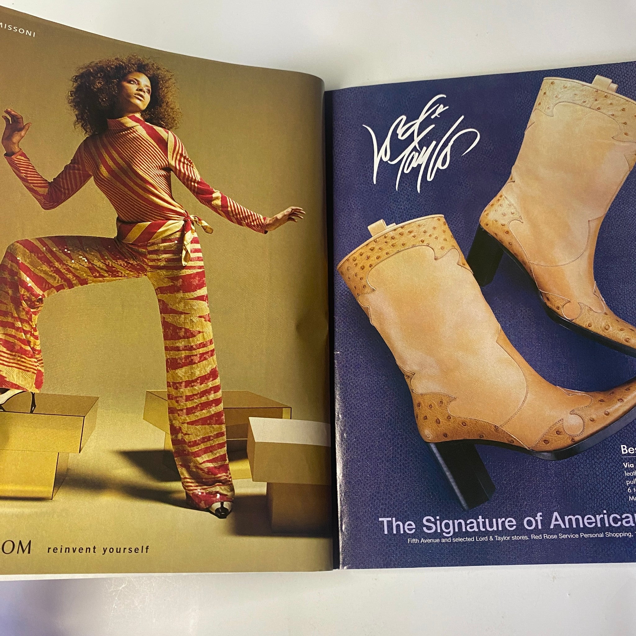 An advertisement spread in Vogue Magazine July 2000 featuring a stylish model in Missoni attire alongside American fashion footwear.