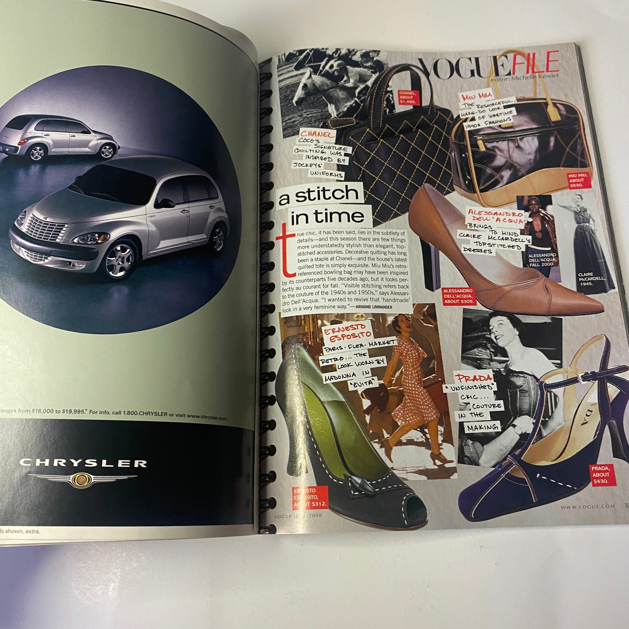 Page from Vogue Magazine July 2000 featuring advertisements for fashion accessories, including shoes and handbags, showcasing various styles under the article titled 'Vogue File.' This image highlights craftsmanship and iconic fashion moments.