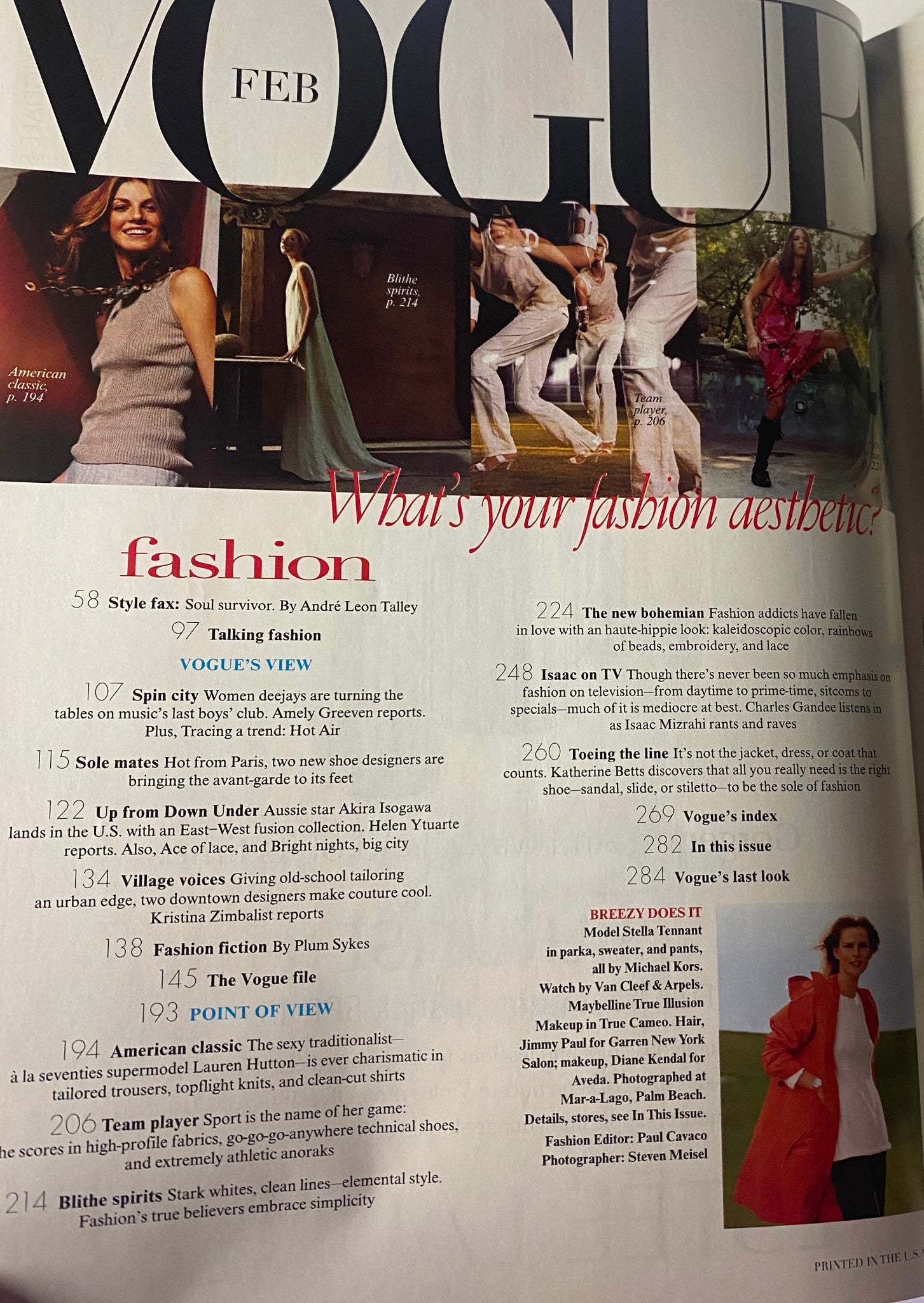 Interior page from Vogue Magazine February 1999 showcasing various fashion articles including 'Style Fax' and 'Talking Fashion.' Features Stella Tennant with a focus on aesthetic diversity.