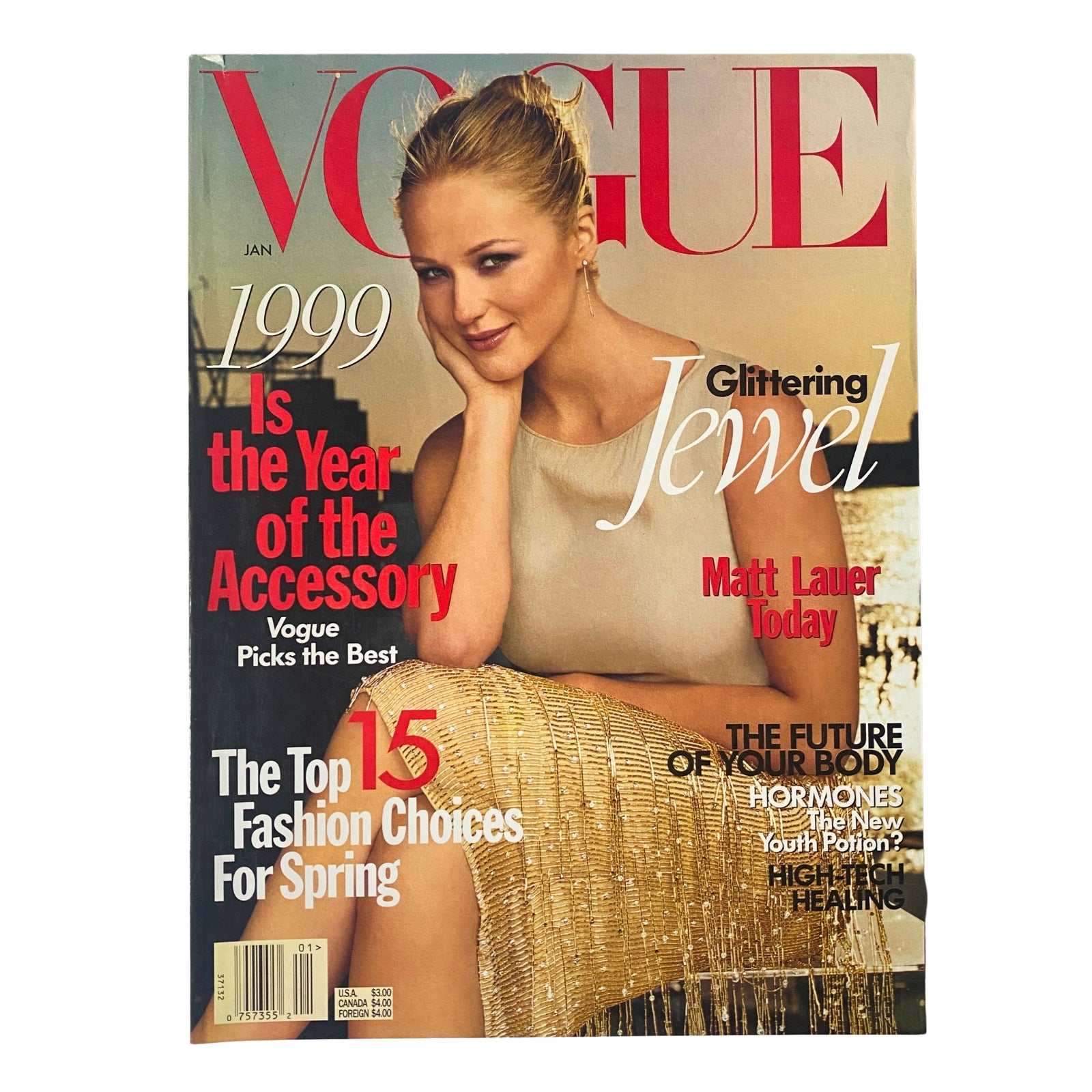 Vogue Magazine January 1999 issue featuring singer Jewel on the cover in very good condition. The cover highlights the themes of fashion, accessories, and cultural commentary, making it a collectible item for fans of Jewel and 90s fashion.