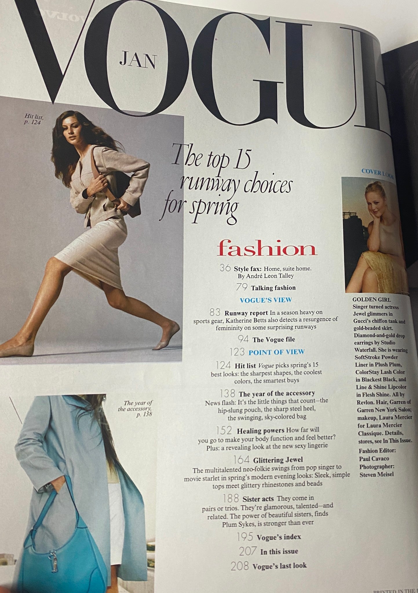 Inside page of Vogue Magazine January 1999 displaying an article on the top runway choices for spring, with a fashion model in a chic outfit.