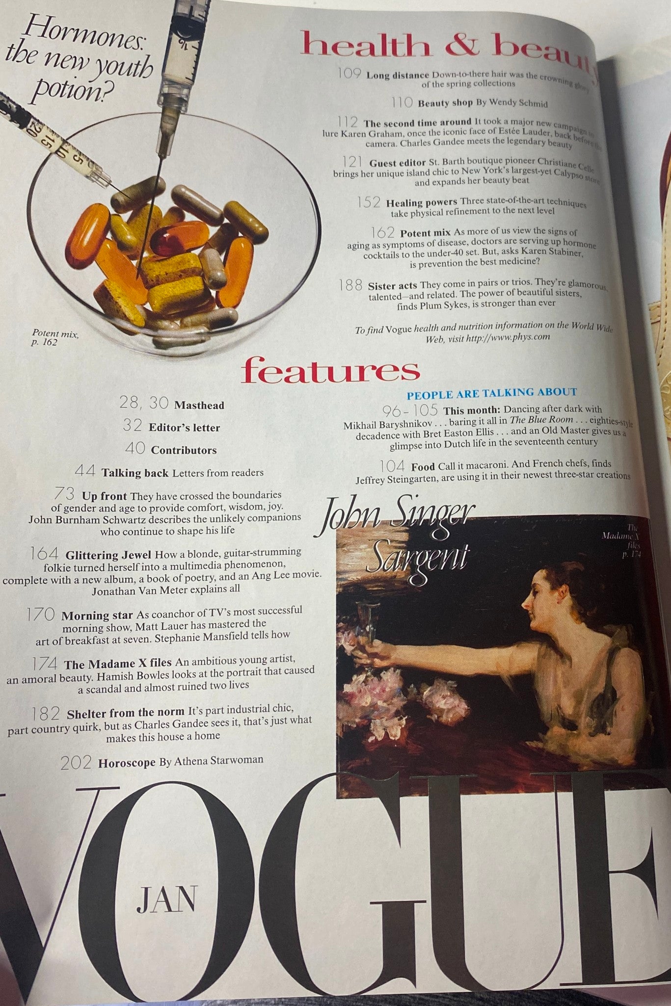 Health & beauty section of Vogue Magazine January 1999 showcasing supplements and the discussion of youth-enhancing potions.