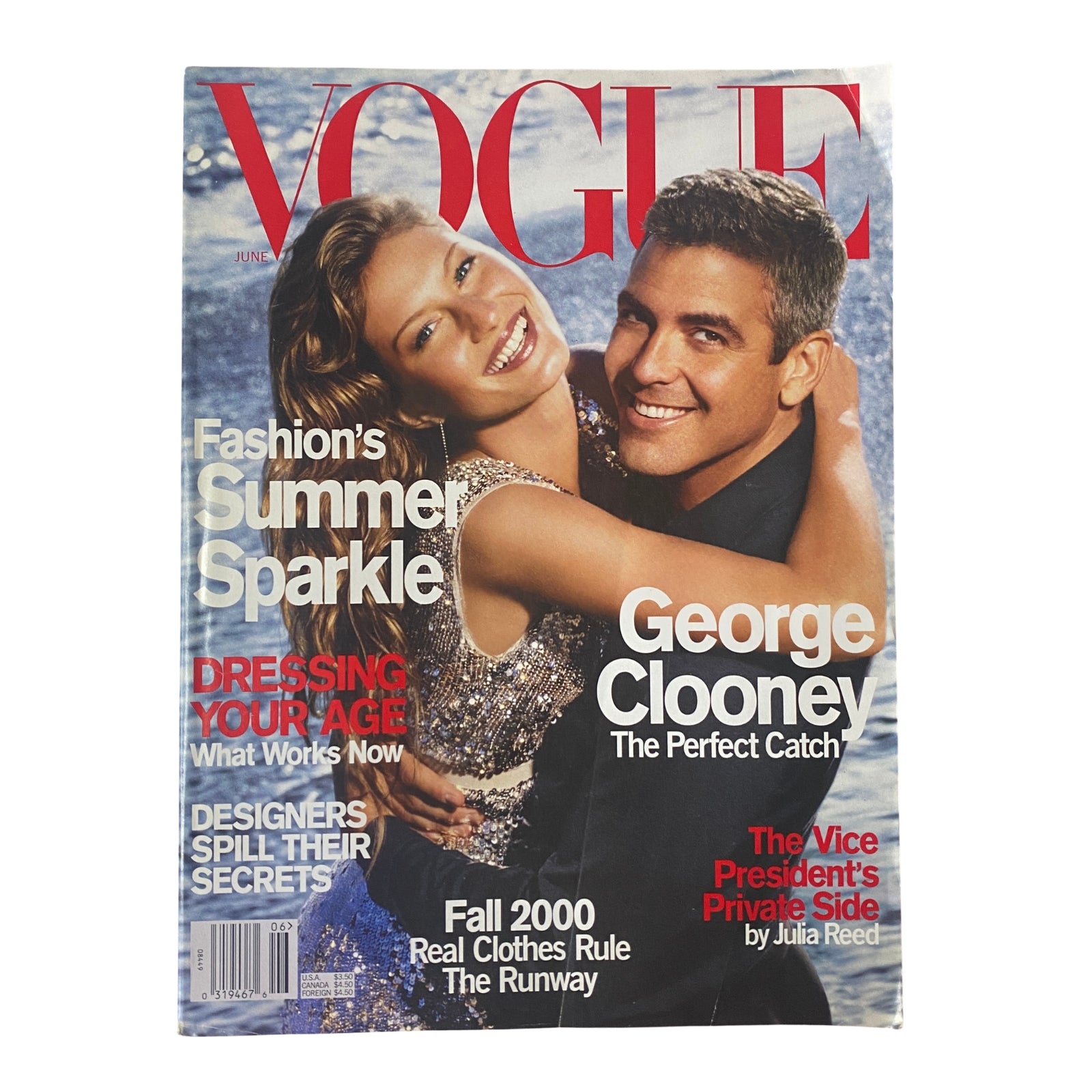 Cover of Vogue Magazine June 2000 featuring Gisele Bündchen and George Clooney, highlighting fashion's summer sparkle and the feature 'The Perfect Catch'.