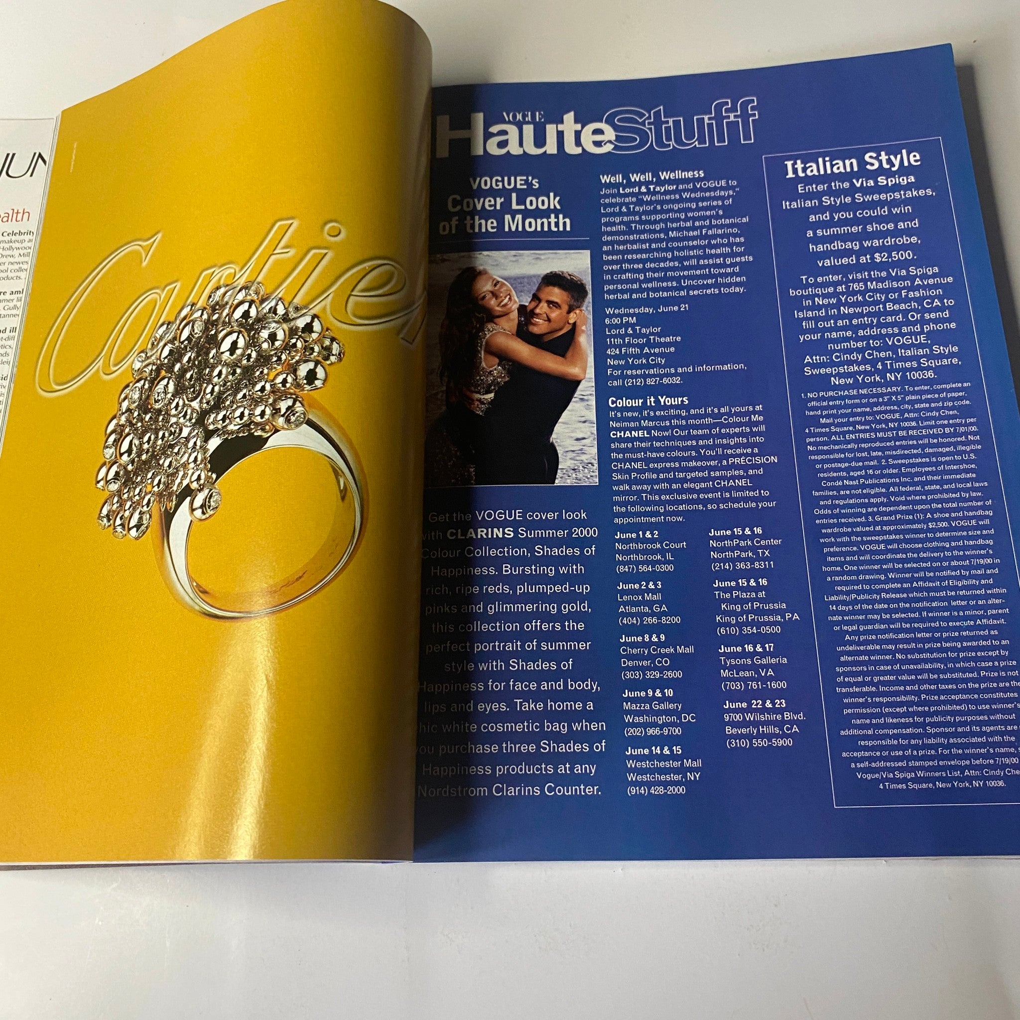 Inside Vogue Magazine June 2000 showcasing Cartier ad featuring a unique ring and promoting the Haute Stuff section, highlighting fashion designs during the late 90s.