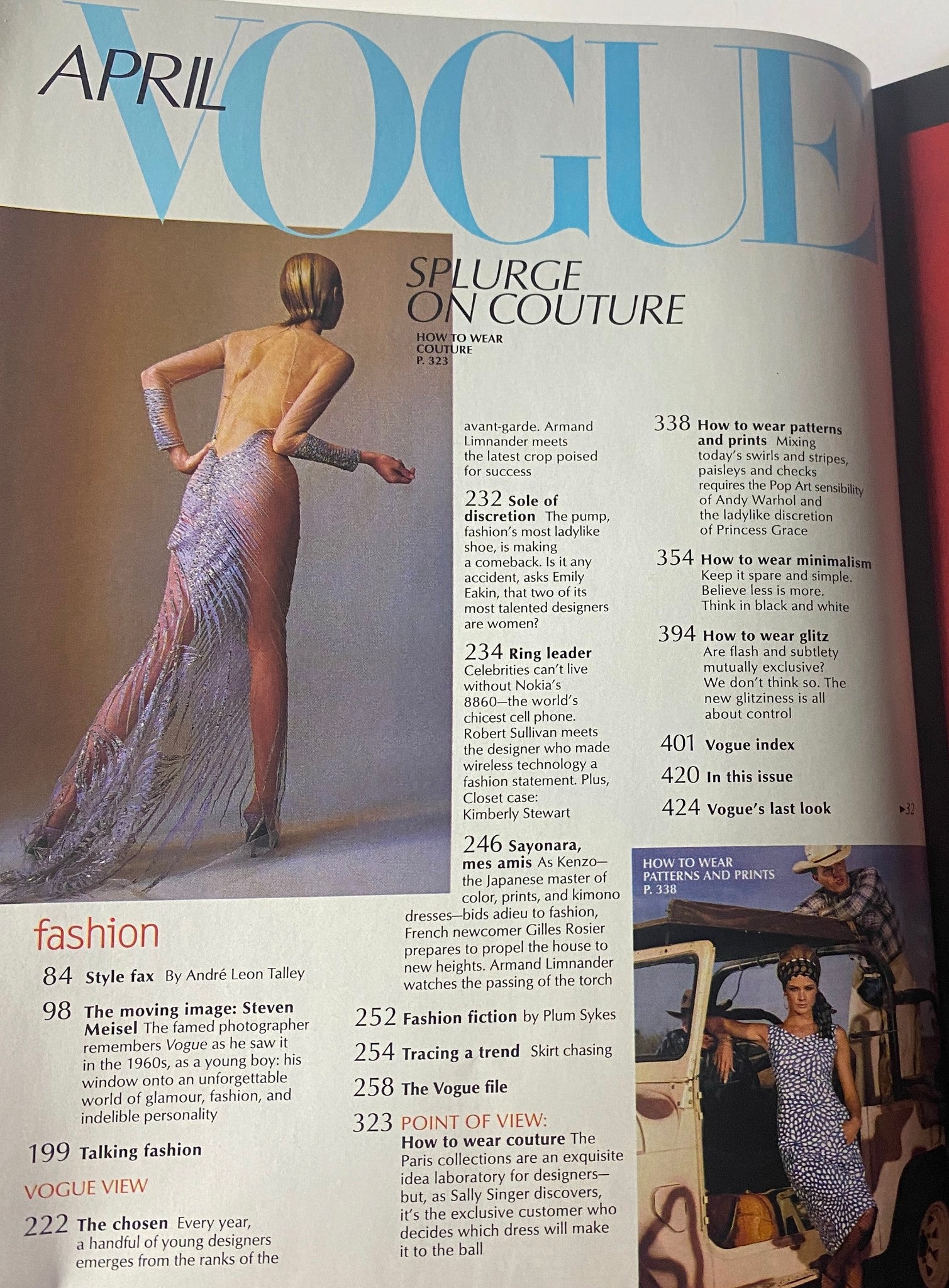 Editorial page from Vogue Magazine April 2000 featuring topics on couture fashion and highlights on trends, including 'Style Fax' by André Leon Talley and 'The Moving Image' by Steven Meisel.