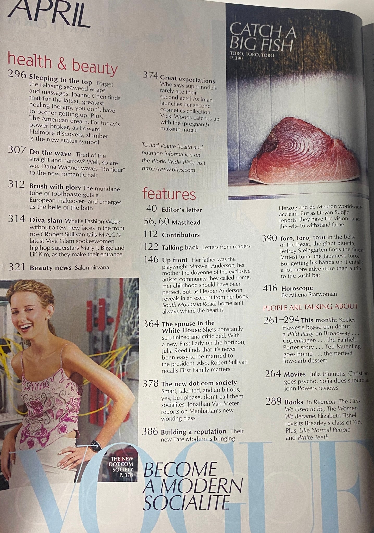 Beauty and health section from Vogue Magazine April 2000 showcasing articles such as 'Sleeping to the Top' and 'Do the Wave', emphasizing wellness culture and hair trends.