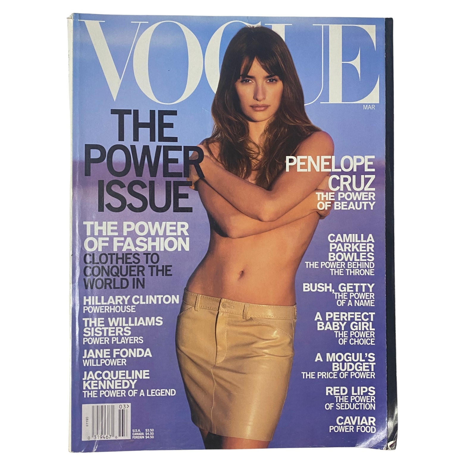 Vogue Magazine March 2001 featuring Penélope Cruz on the cover. The issue highlights 'The Power Issue' with themes of fashion, empowerment, and influential women including Hillary Clinton and Jacqueline Kennedy. Good condition, no label.