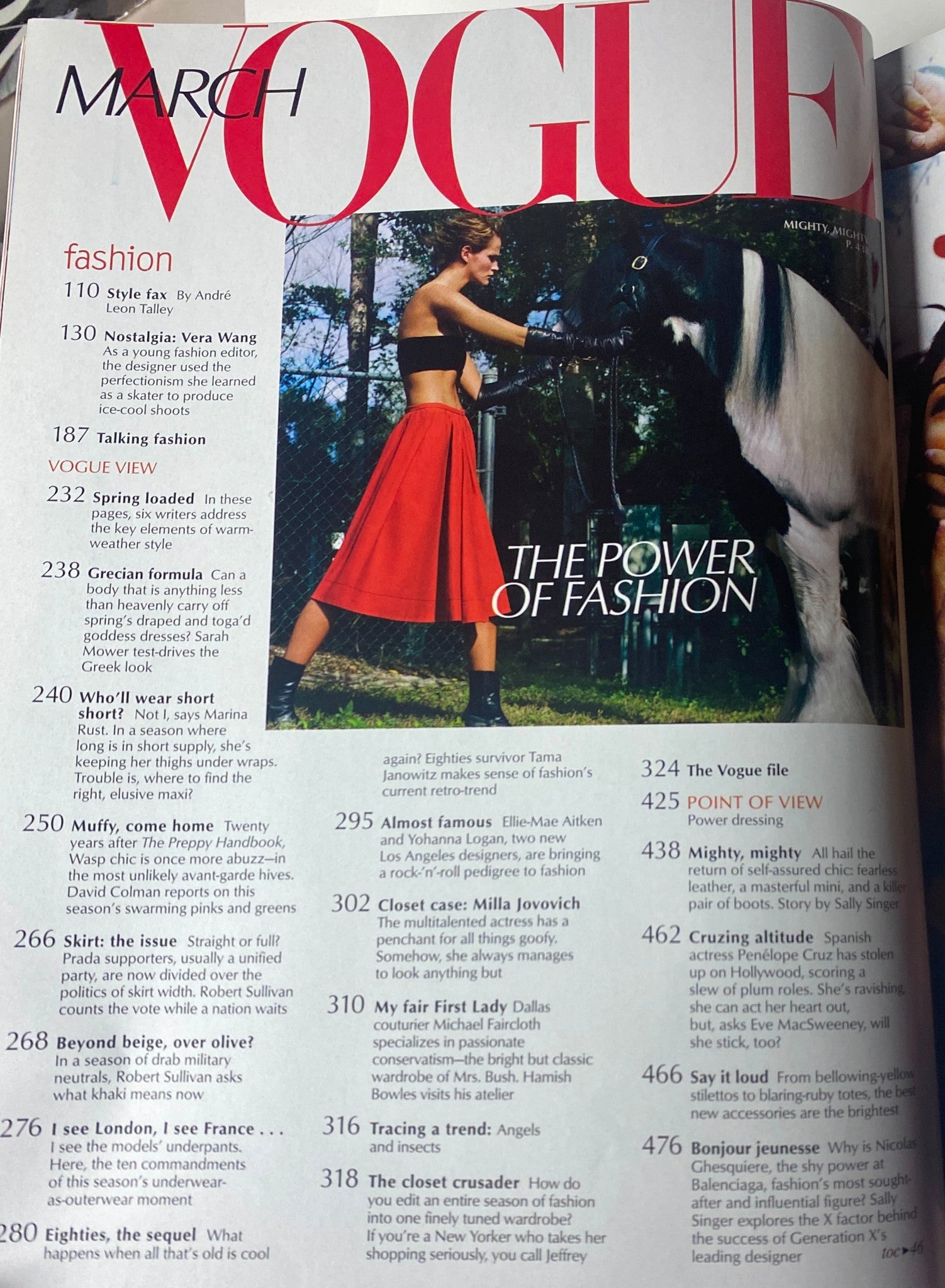 Inside Vogue Magazine March 2001, showcasing fashion features and the power of fashion with a striking editorial photograph.