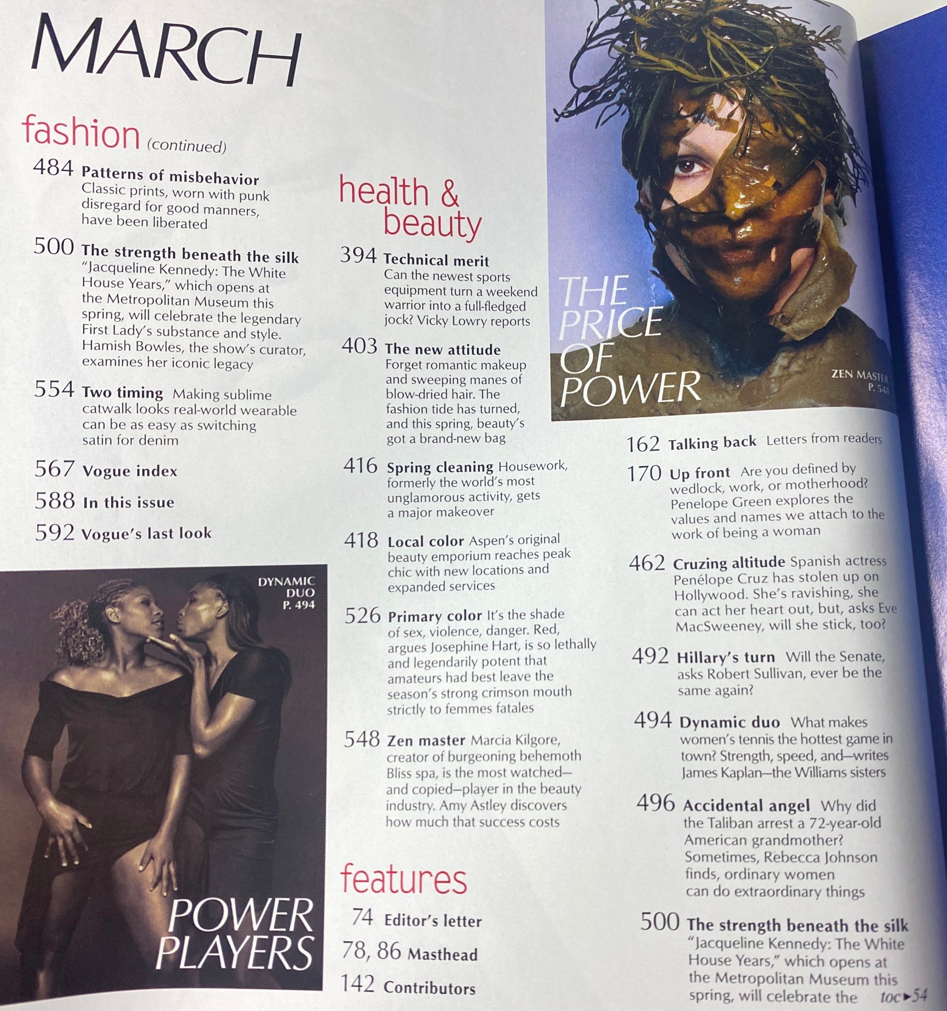 Continuation of content from Vogue Magazine March 2001, focusing on health, beauty, and the influence of Jackie Kennedy's style.