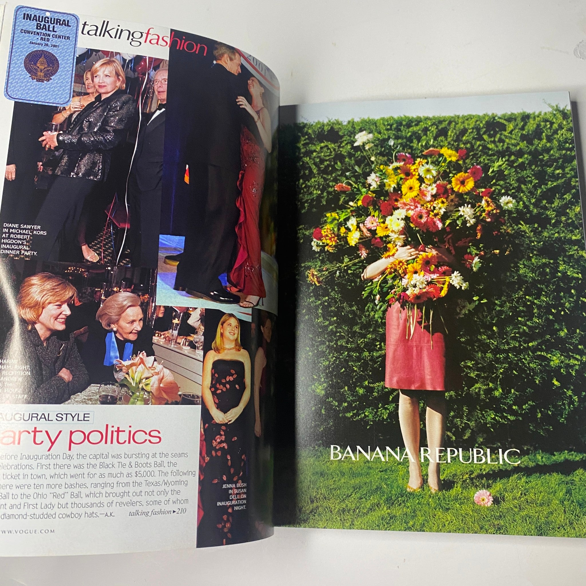 Vogue Magazine March 2001 layout displaying an article about inaugural styles and party politics in a stunning visual presentation.