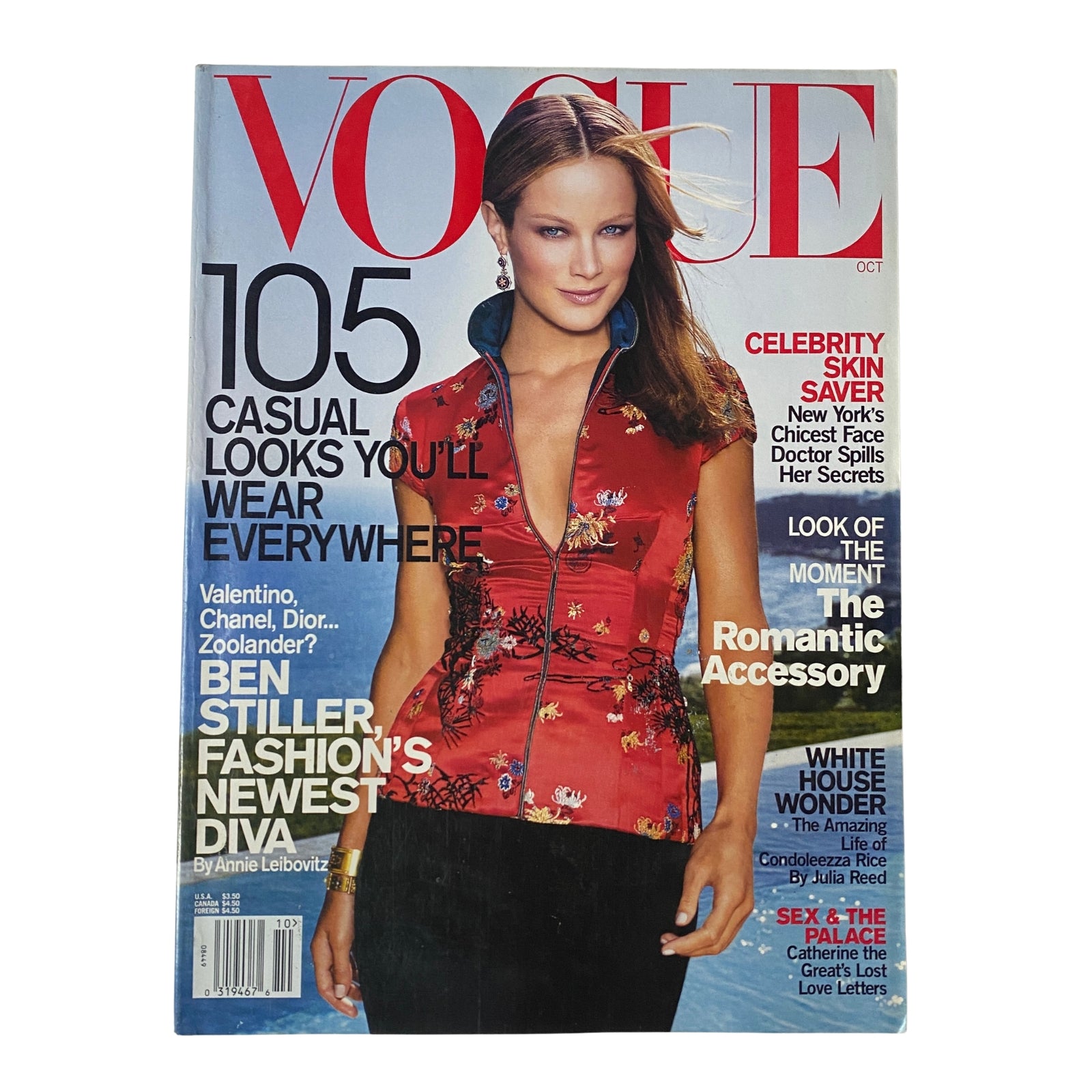 Vogue Magazine October 2001 featuring supermodel Carolyn Murphy on the cover. The cover includes text about '105 Casual Looks You'll Wear Everywhere' and highlights celebrities, fashion advice, and stylish accessories.