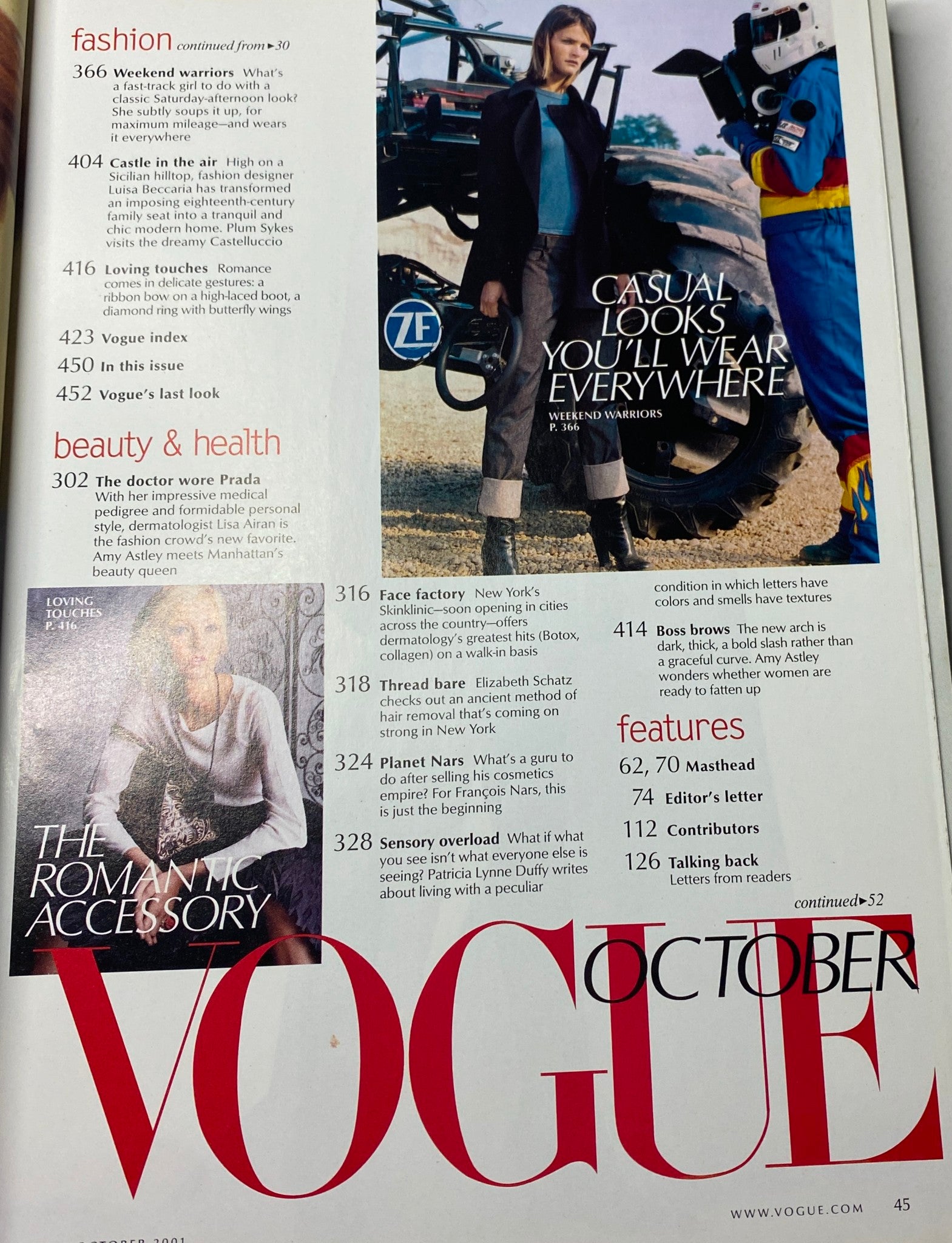 Inside Vogue Magazine October 2001 highlighting casual looks with modern styling, emphasizing versatility for everyday wear.
