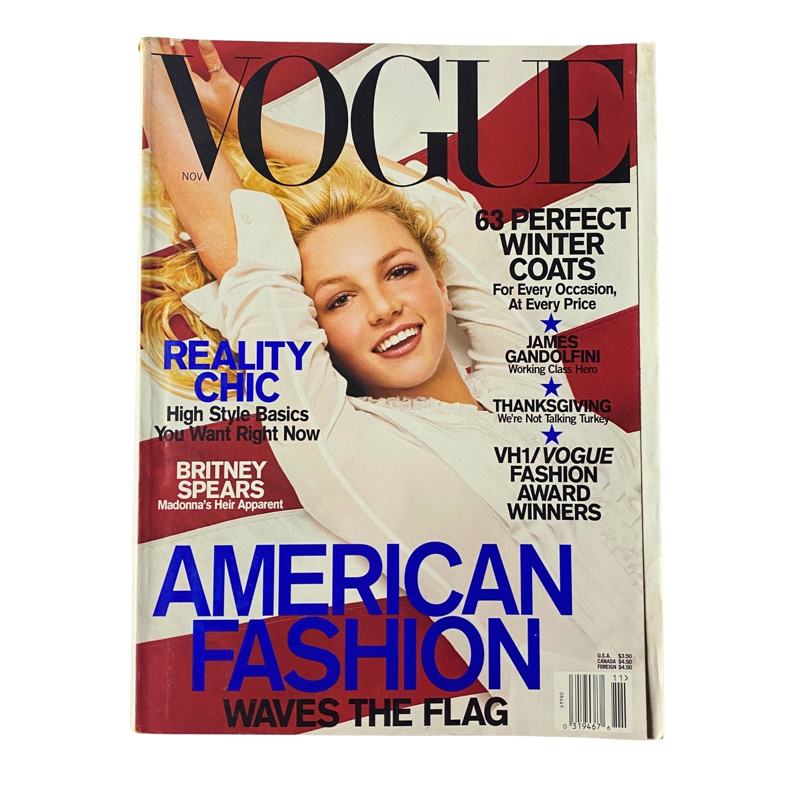 Cover of Vogue Magazine November 2001 featuring Britney Spears, entitled 'Vogue Magazine November 2001 Britney Spears Cover No Label VG', showcasing her allure during her rise as a pop icon.