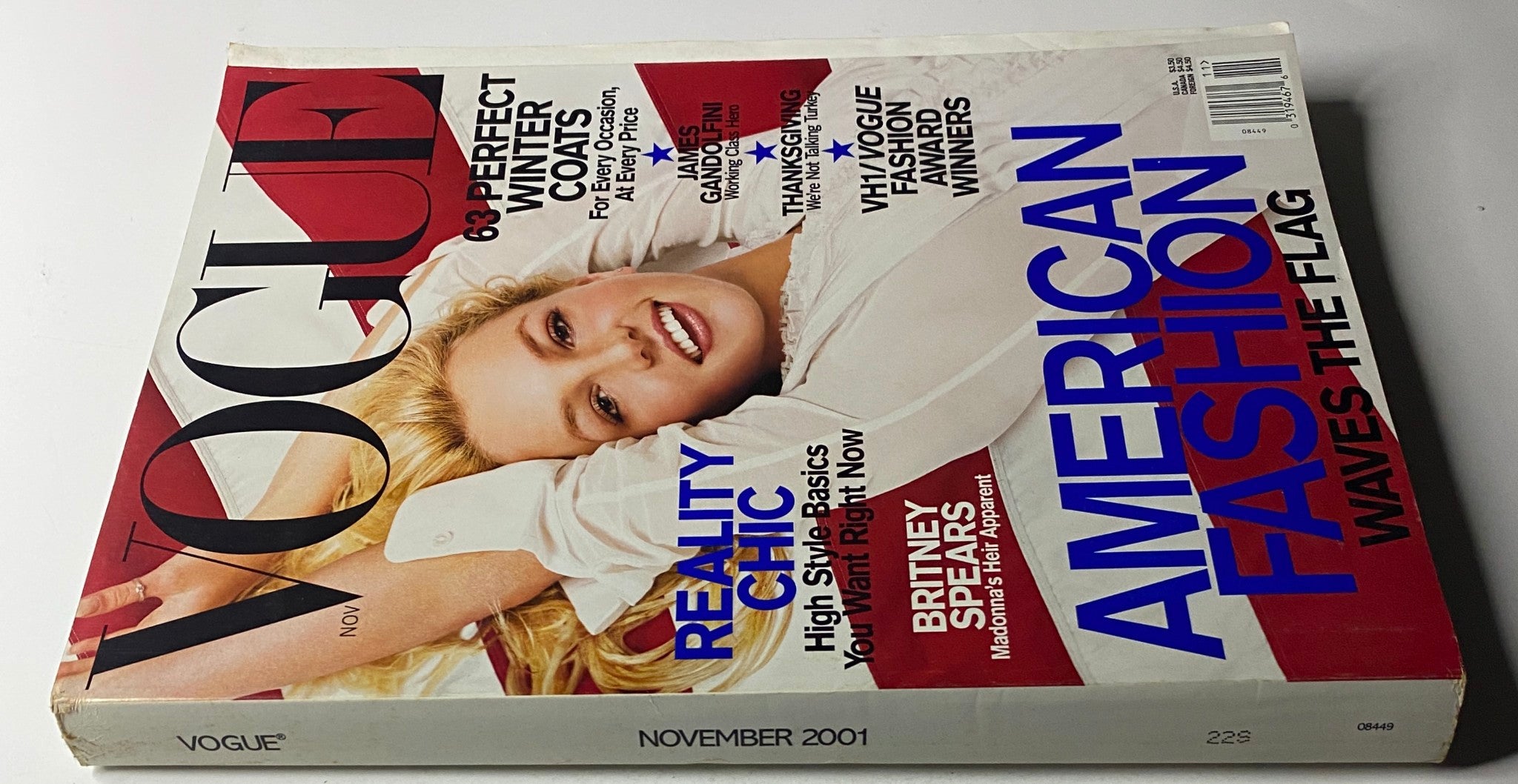 Another angle of the cover of Vogue Magazine November 2001, featuring Britney Spears, entitled 'Vogue Magazine November 2001 Britney Spears Cover No Label VG', emphasizing her style and the magazine’s themes of American fashion.