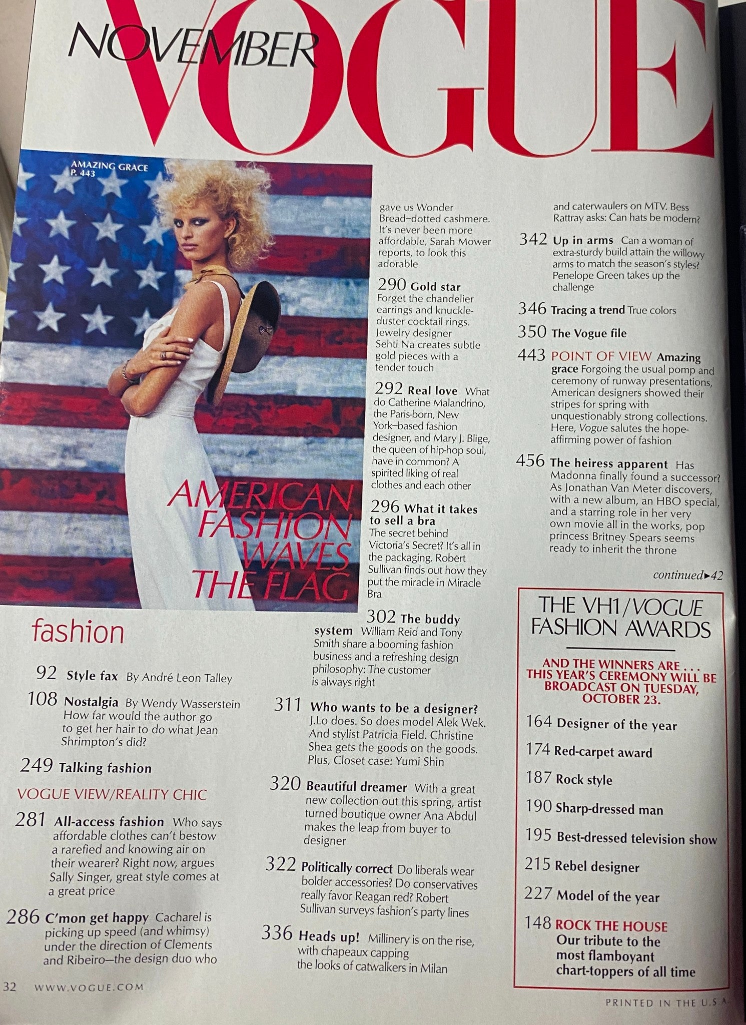 Table of contents page from Vogue Magazine November 2001, highlighting articles including those related to fashion and the VH1/Vogue Fashion Awards, in the issue 'Vogue Magazine November 2001 Britney Spears Cover No Label VG'.