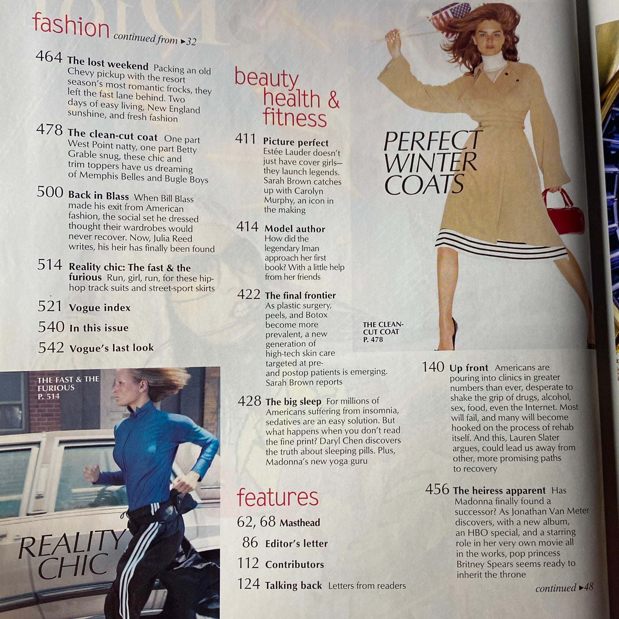 Inside page of Vogue Magazine November 2001 displaying various features on fashion and beauty, part of the issue titled 'Vogue Magazine November 2001 Britney Spears Cover No Label VG'.