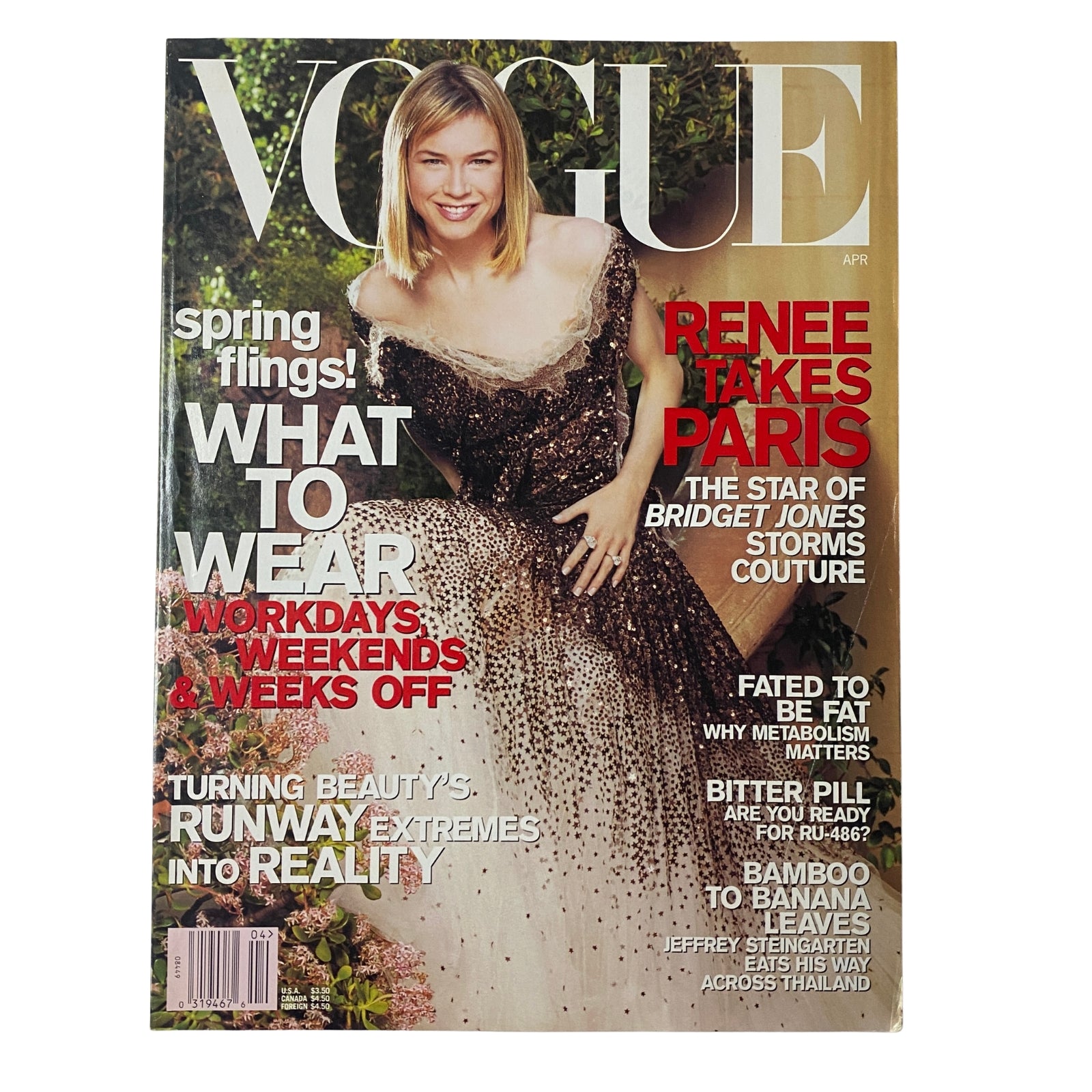 Vogue Magazine April 2001 cover featuring Renée Zellweger in a stunning gown, highlighting the feature 'Renee Takes Paris' and her role as the star of Bridget Jones. Ideal for collectors and fans of early 2000s fashion.