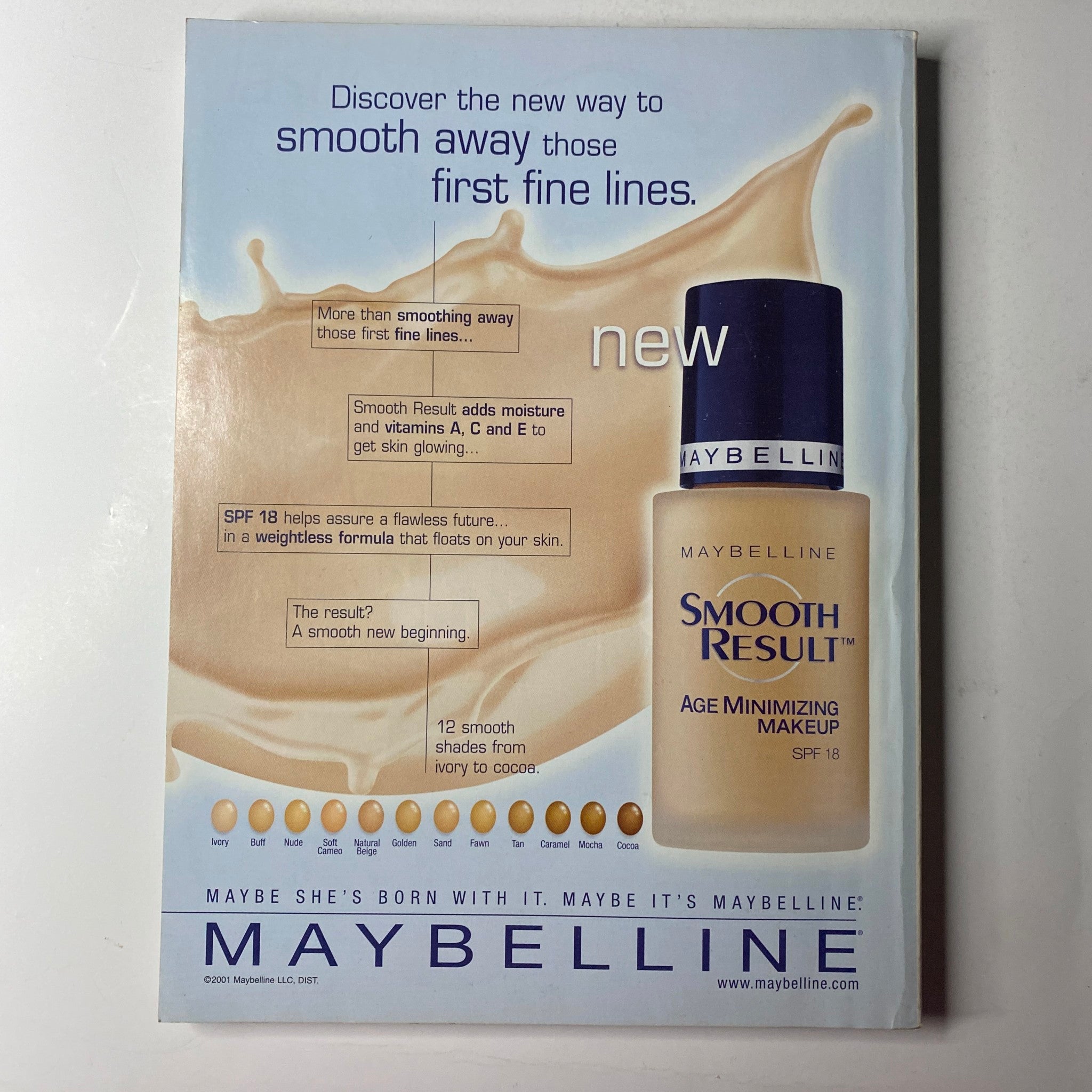 Back cover of Vogue Magazine April 2001 featuring an advertisement for Maybelline Smooth Result Age Minimizing Makeup. The ad highlights the product's benefits, including SPF 18, and promotes its ability to smooth away first fine lines, aligning with the magazine's themes of beauty and fashion.
