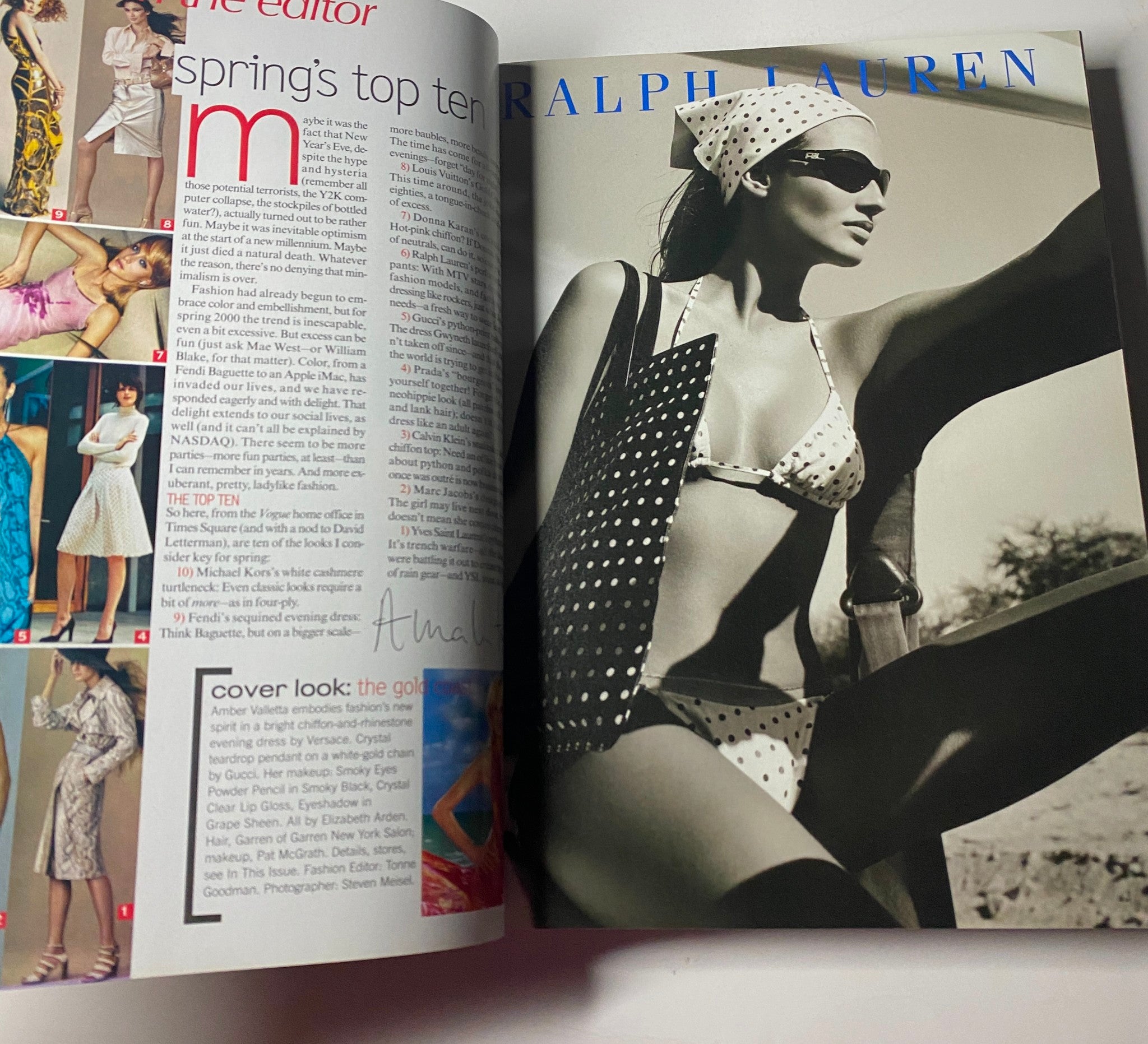 Vogue Magazine March 2000 Amber Valletta Cover, with an advertising page displaying Ralph Lauren swimwear in a vintage-inspired photoshoot.