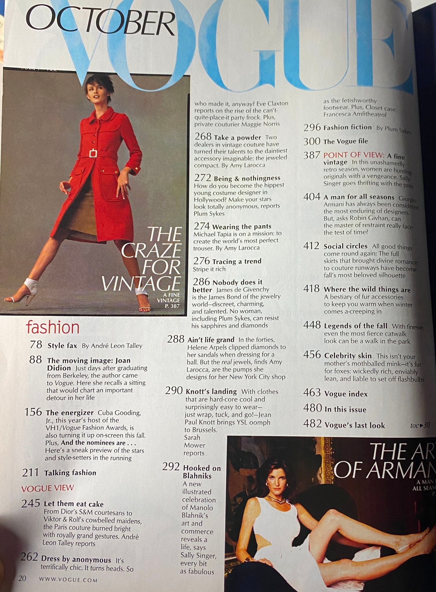 Inside page of Vogue Magazine October 2000 featuring a stylish model in a vintage-inspired outfit, part of the fashion section dedicated to fall trends.