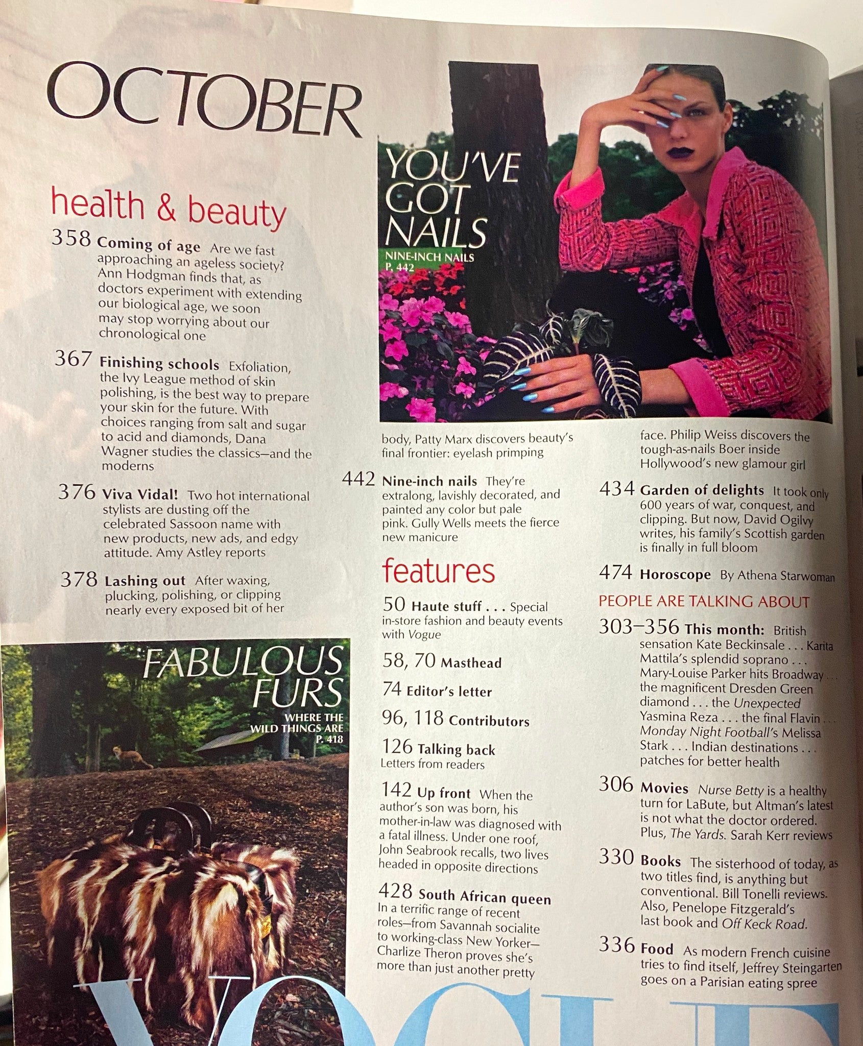 Another spread from Vogue Magazine October 2000 highlighting beauty features including nail fashion and skincare tips, emphasizing contemporary styles.