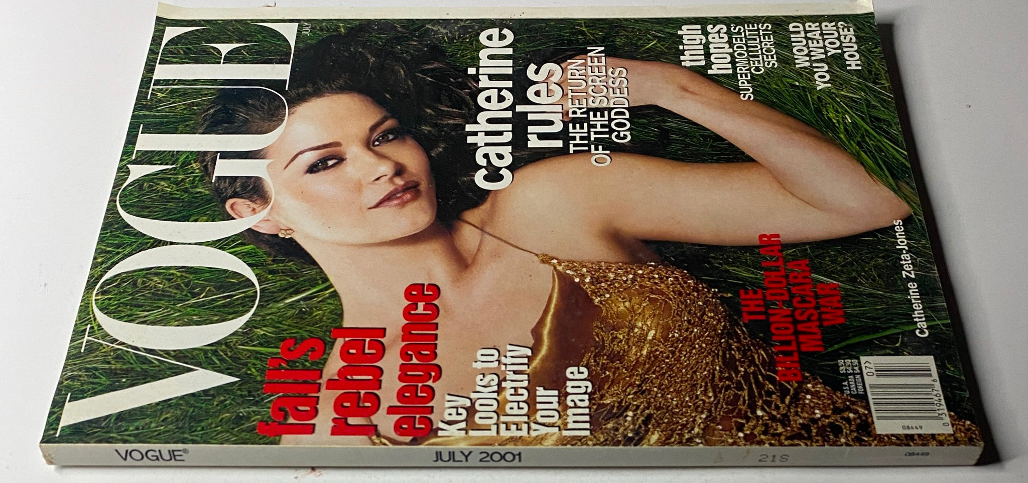 Vogue Magazine July 2001 with Catherine Zeta-Jones on the cover, showcasing her beauty and style, labeled as very good condition.