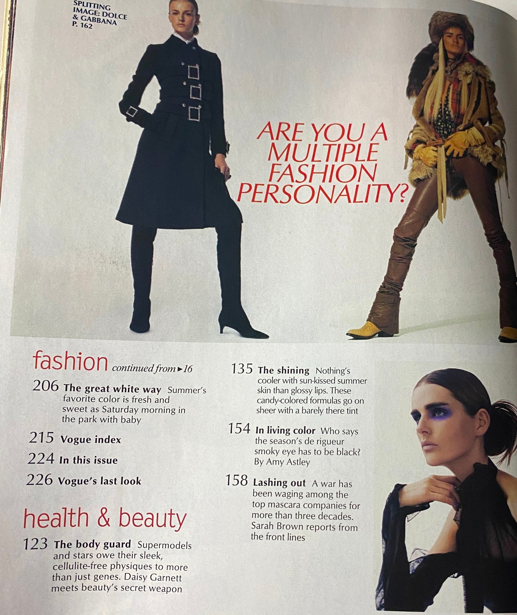 Vogue Magazine July 2001 page showcasing fashion advice, including tips on multiple fashion personalities, emphasizing summer styles and color schemes.