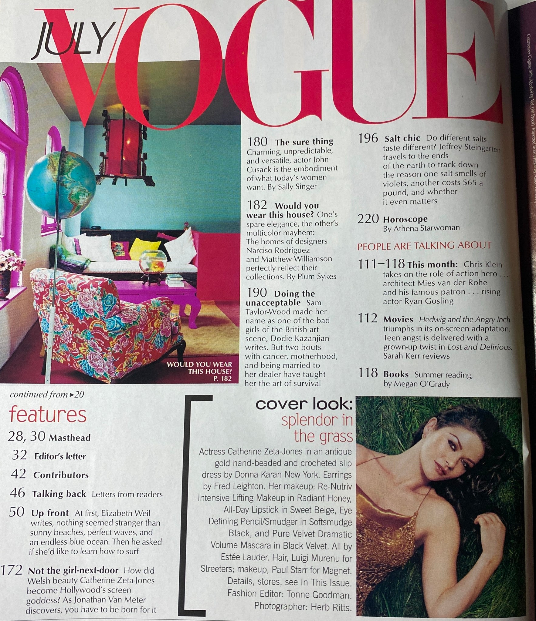 Vogue Magazine July 2001 cover layout highlighting vibrant home decor ideas next to the feature 'Would You Wear This House?', showcasing a colorful living space.