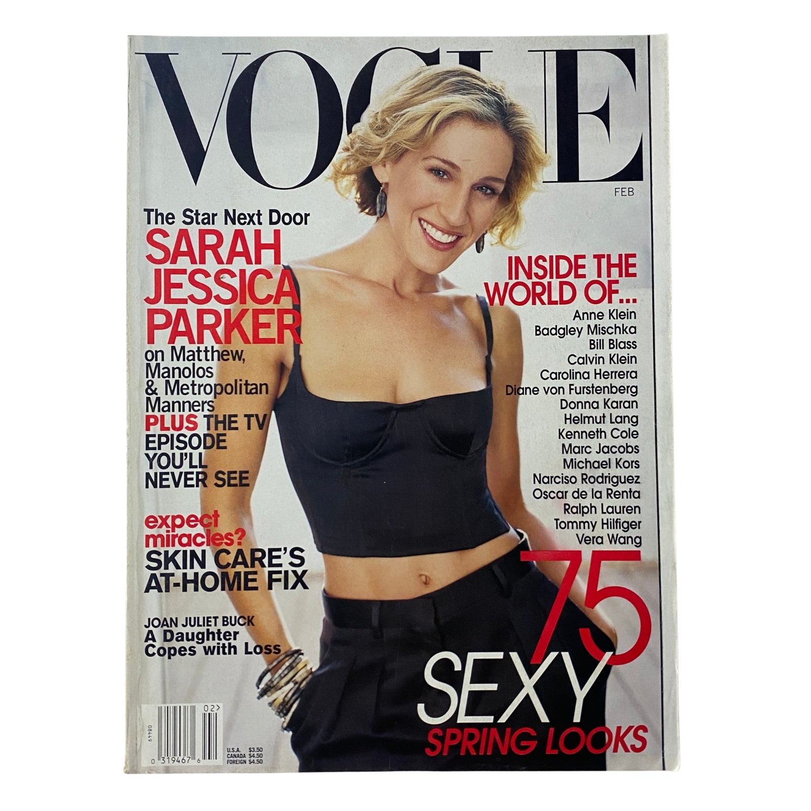 Cover of Vogue Magazine February 2002 featuring Sarah Jessica Parker, showcasing her iconic style with the title 'Vogue Magazine February 2002 Sarah Jessica Parker Cover No Label VG'.