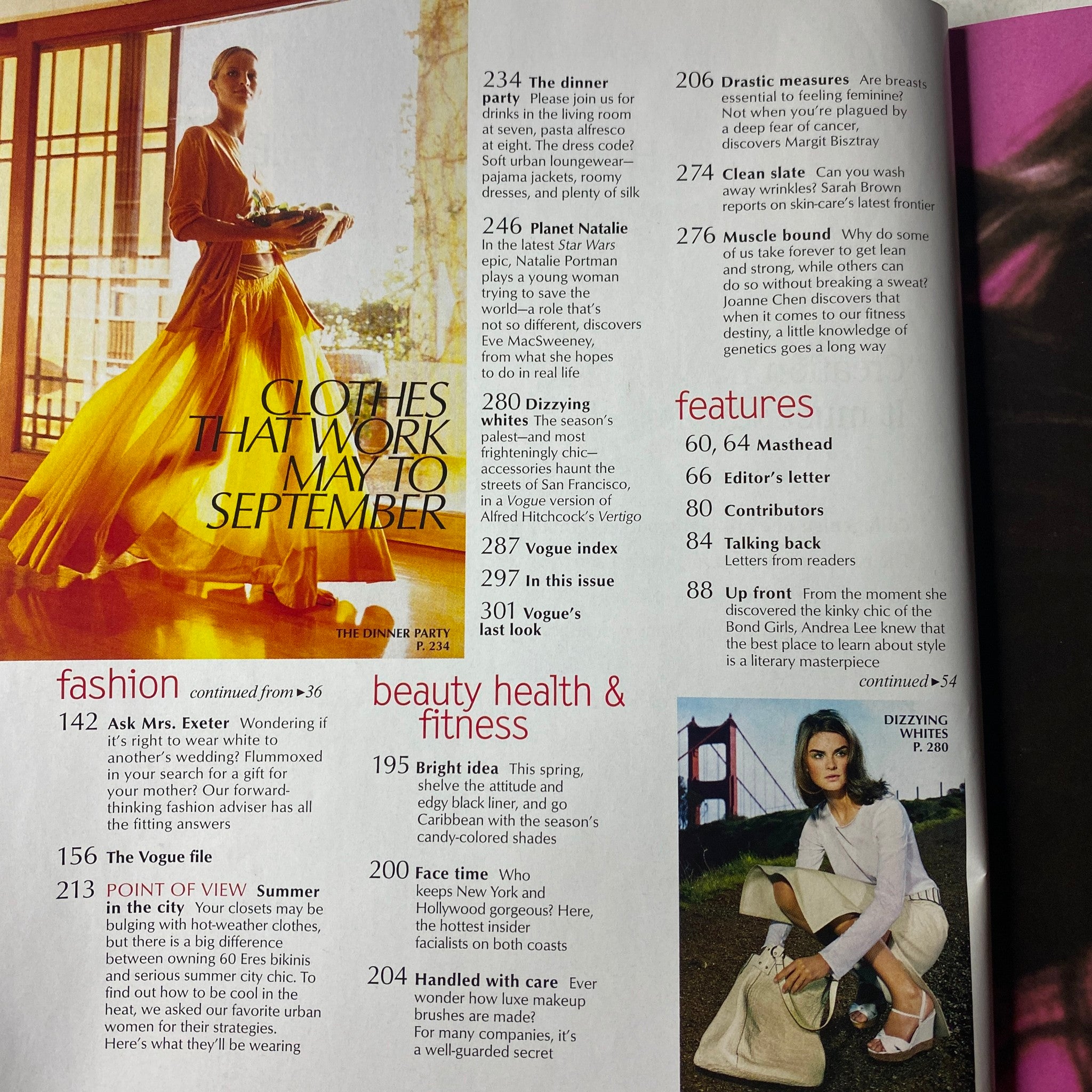 Another page from Vogue Magazine May 2002 discussing 'Clothes That Work May to September' with a yellow gown and various fashion insights.
