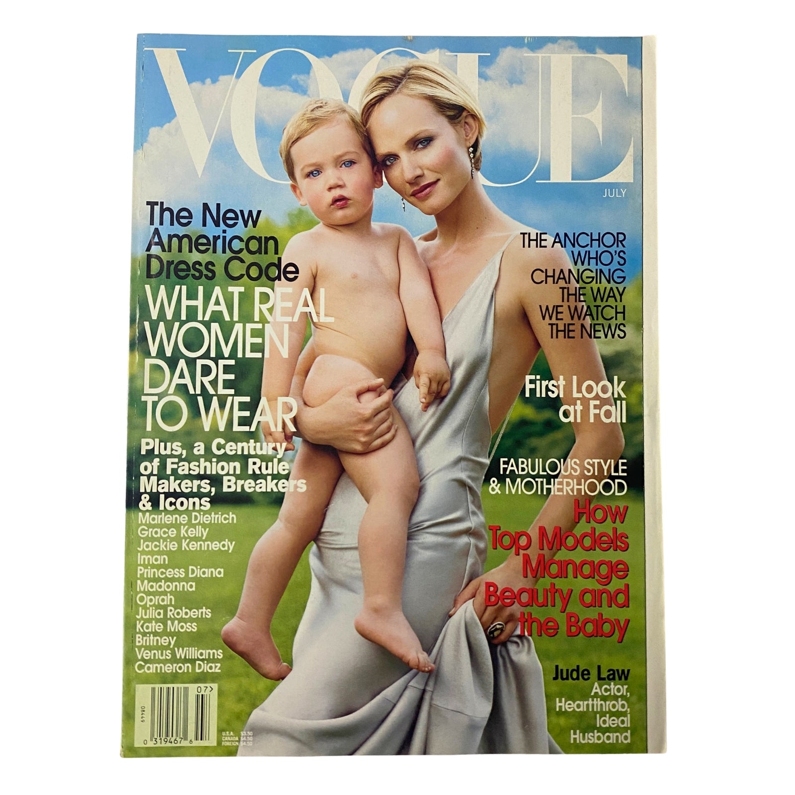 Vogue Magazine July 2002 Amber Valletta Cover featuring a mother holding her baby, showcasing the theme 'What Real Women Dare to Wear' and celebrating motherhood.