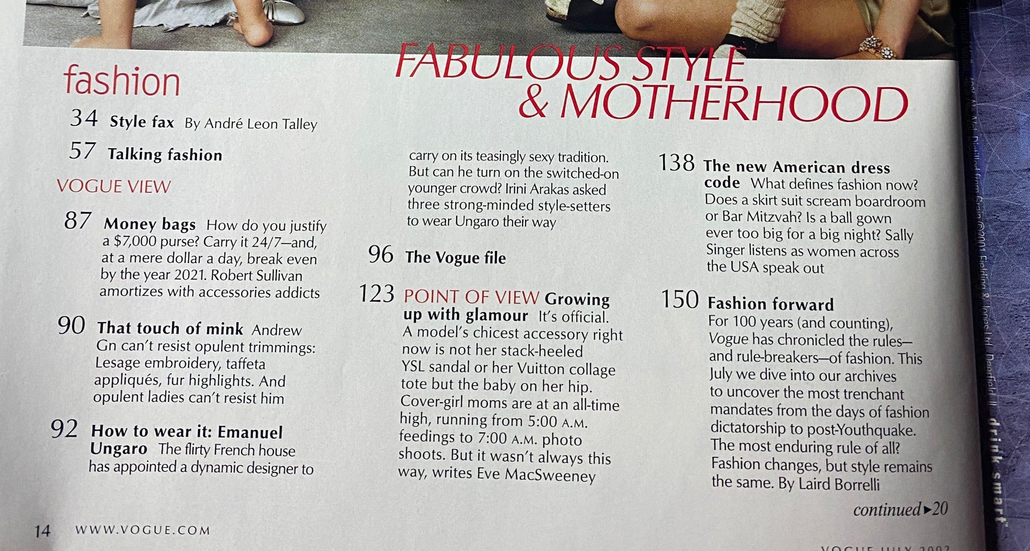 Inside page of Vogue Magazine July 2002 displaying fashion highlights including articles by André Leon Talley and features on motherhood and style.