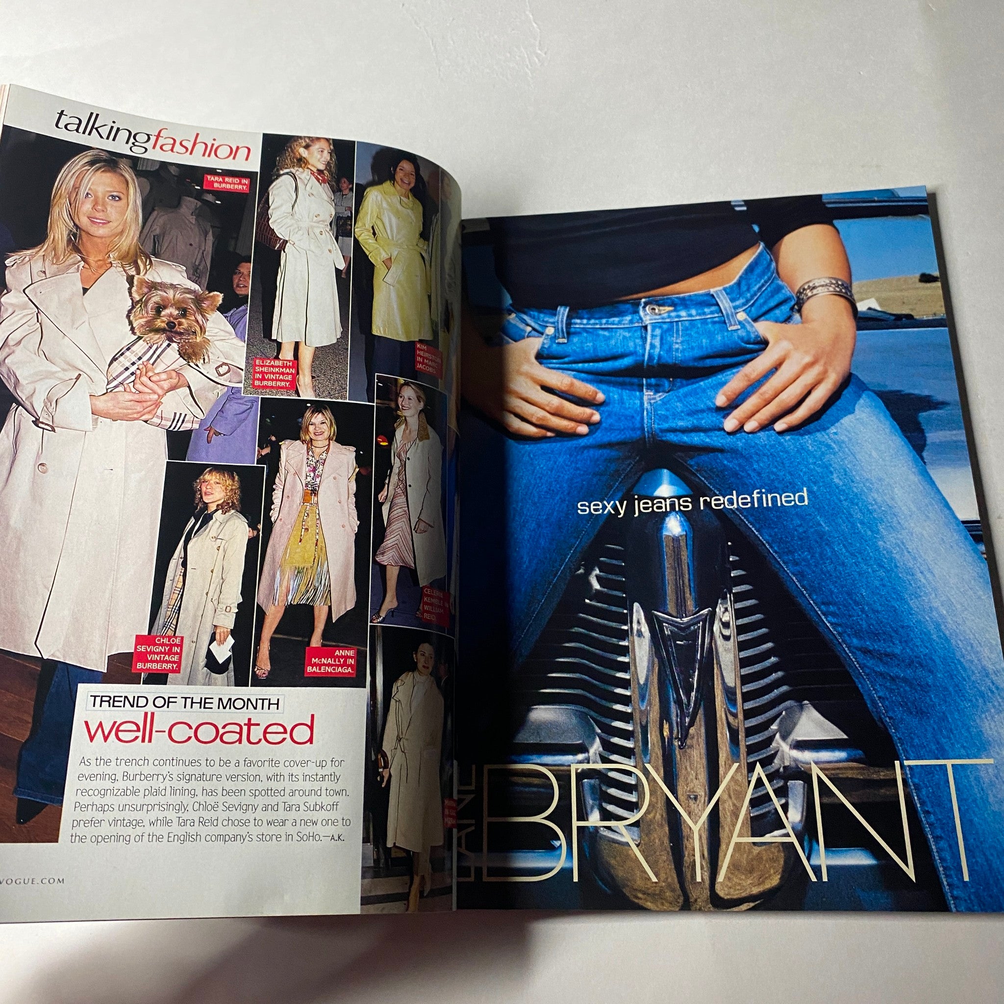 Page from Vogue Magazine July 2002 showcasing fashion trends, featuring 'sexy jeans redefined' along with images of models in stylish outfits.